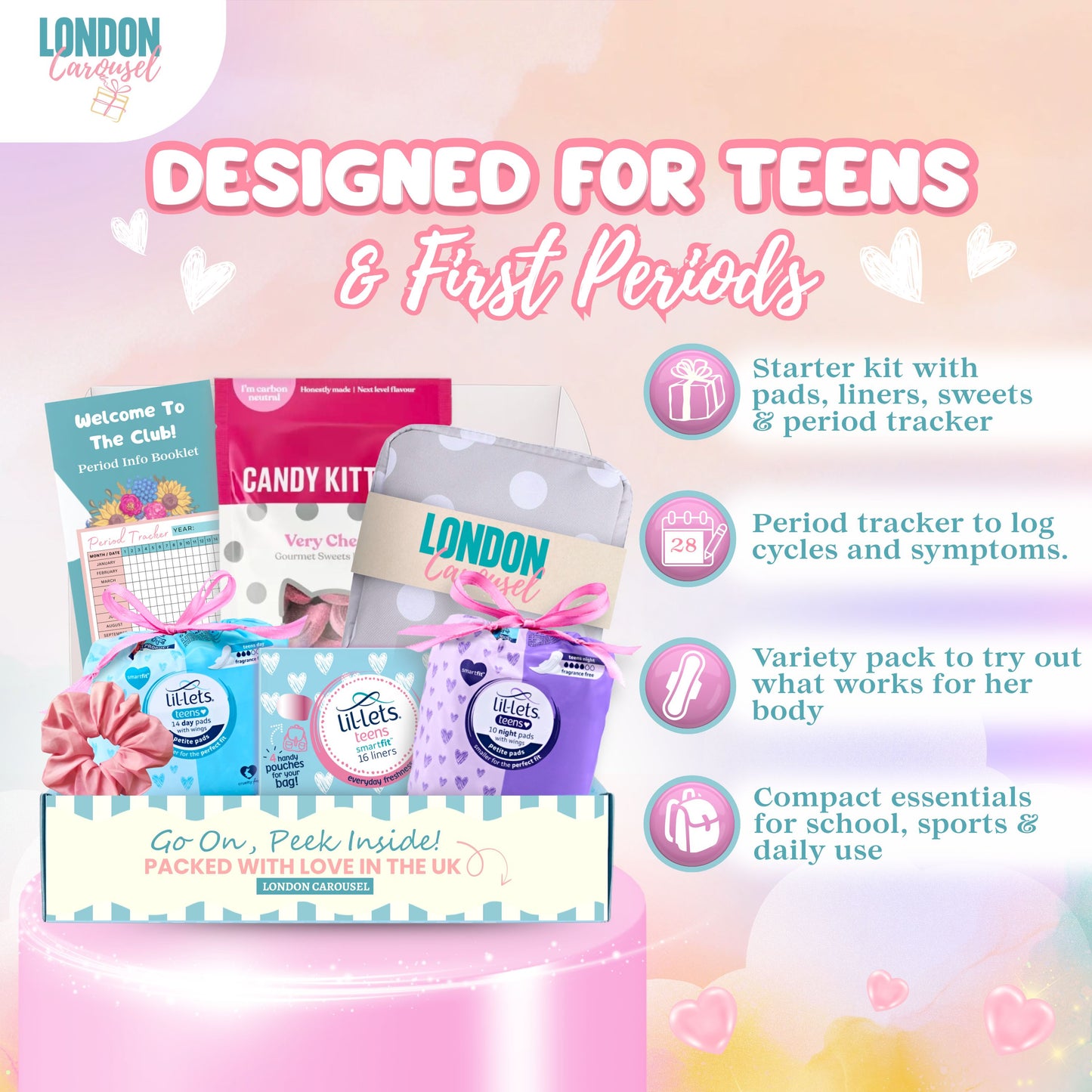 First Period Kit for Girls – No Tampons, Includes Lil-lets Pads, Candy Kittens & London Carousel Storage Bag