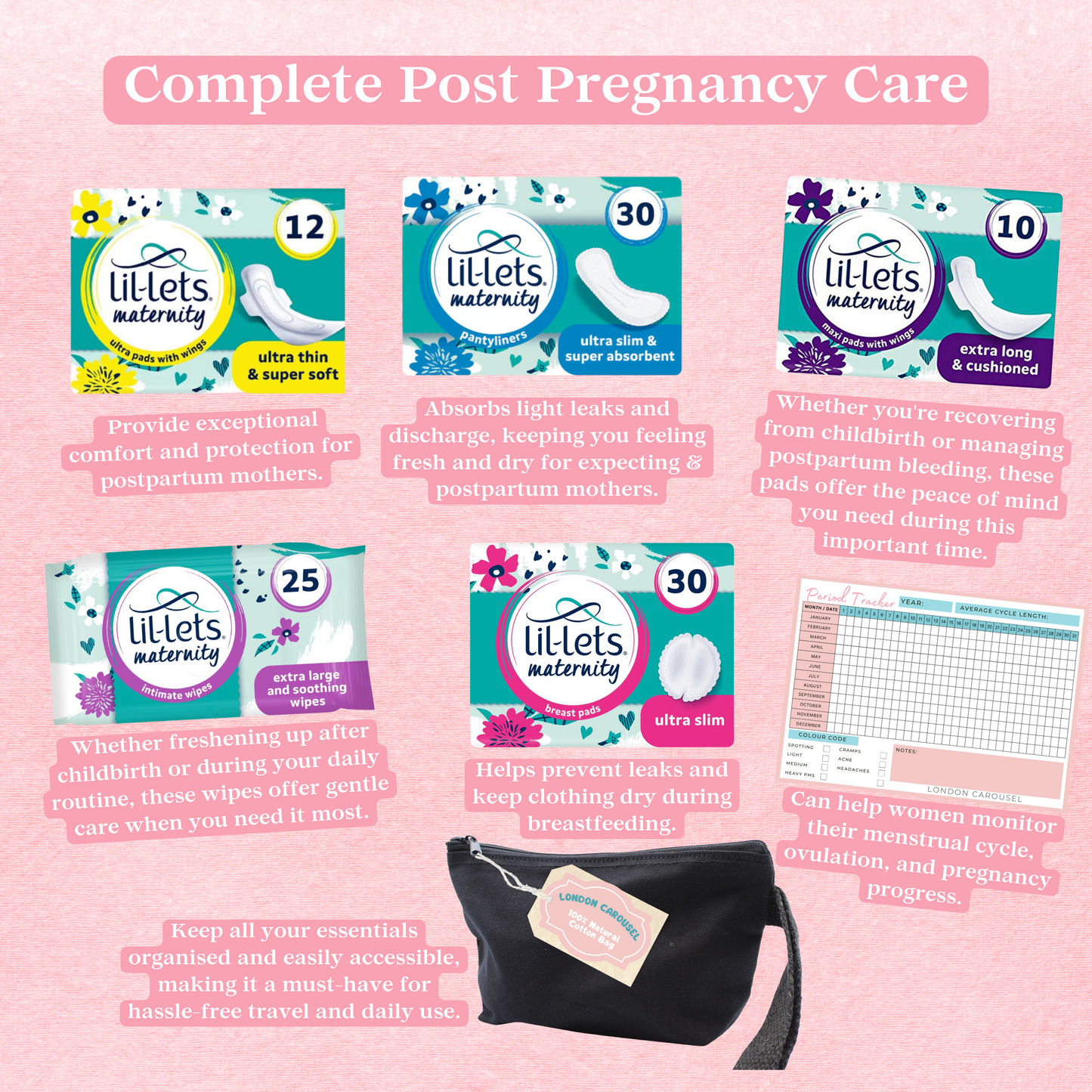 Hospital Bag Maternity Essentials Bundle with Lil Lets Maternity Pads and Breast Pads