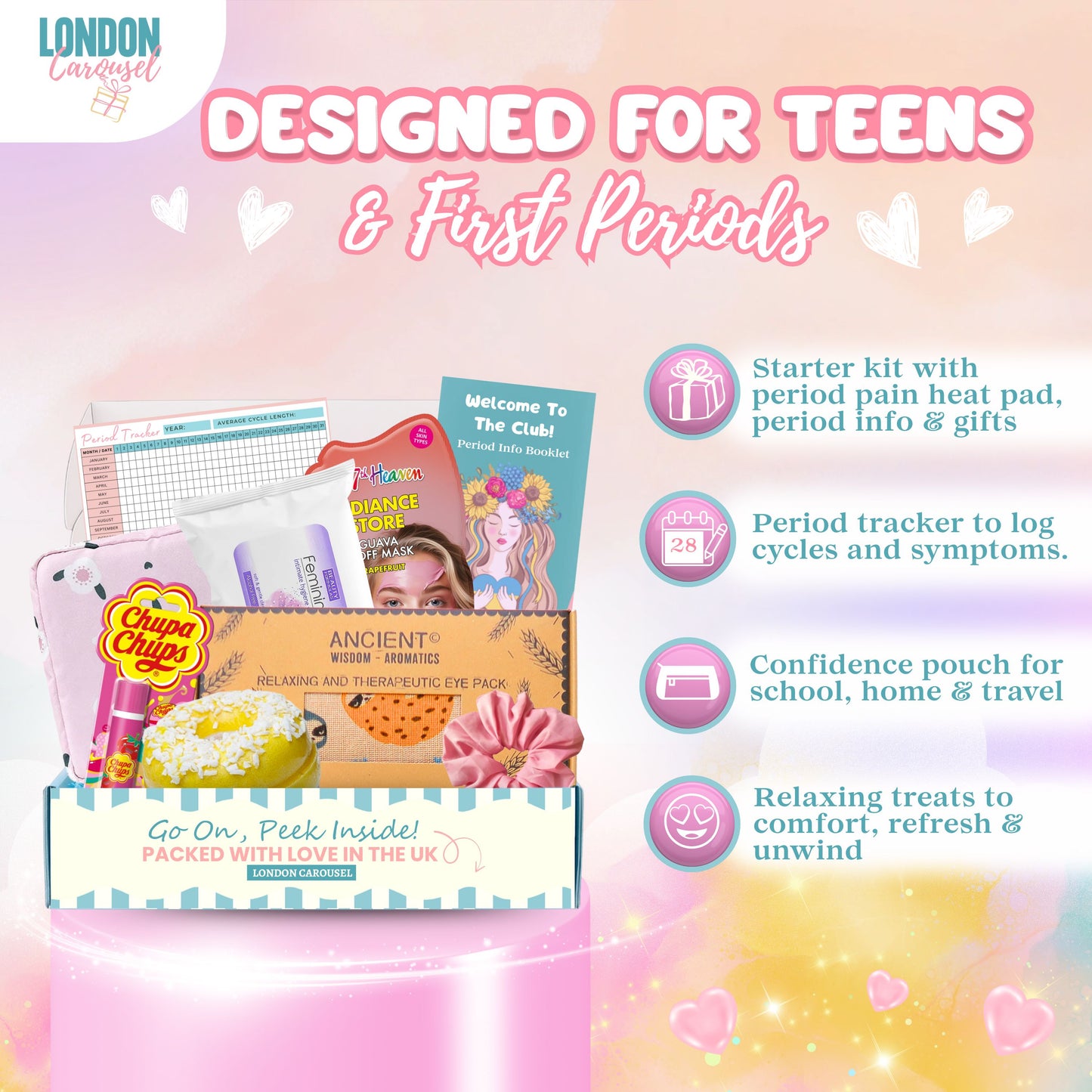 First Period Kit for Girls - Pamper Hamper with Heating Pad, Self-Care & Tracker