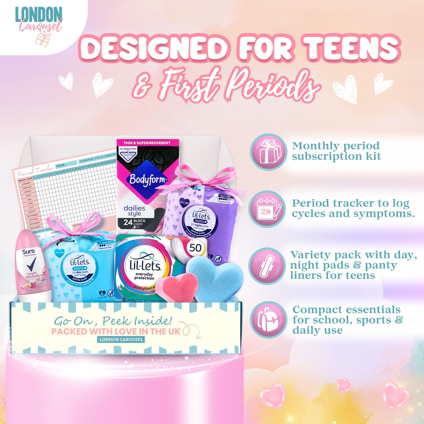 First Period Kit for Girls - Lil Lets Sanitary Pads, Liners, Deodorant, Bath Bomb, and Tracker