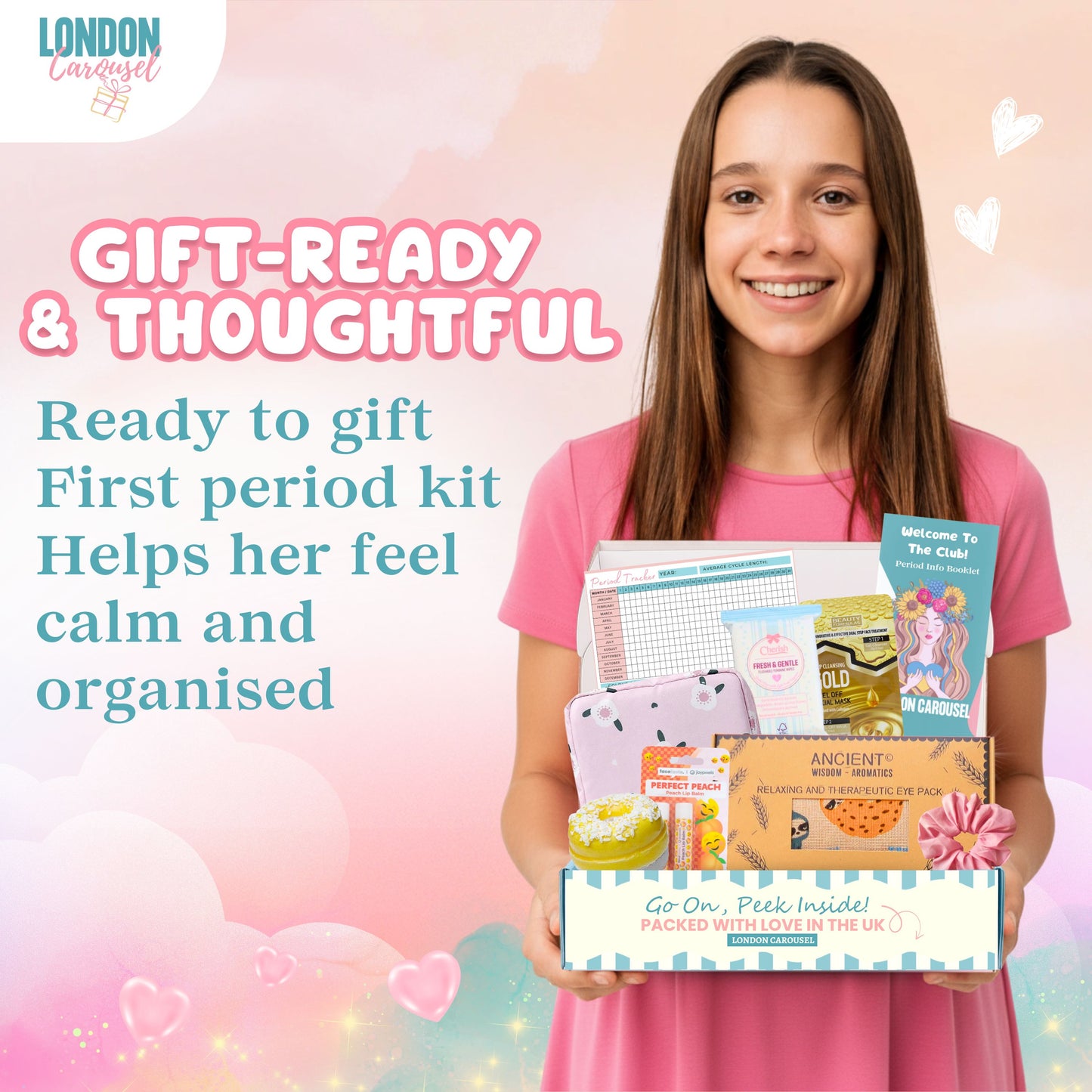 First Period Kit for Girls - Pamper Hamper with Heating Pad, Self-Care & Tracker