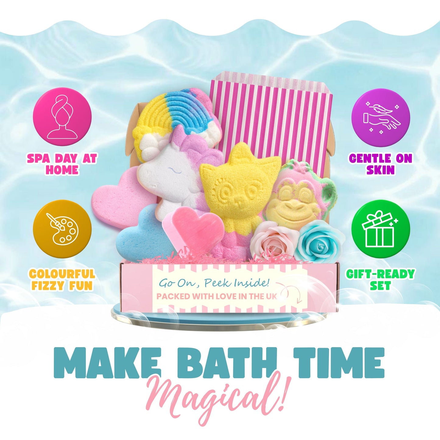 London Carousel Kids Bath Bomb Gift Set – Unicorn, Rainbow & Animal Shapes with Mini Soaps, Fun Bath Time Present for Girls & Boys