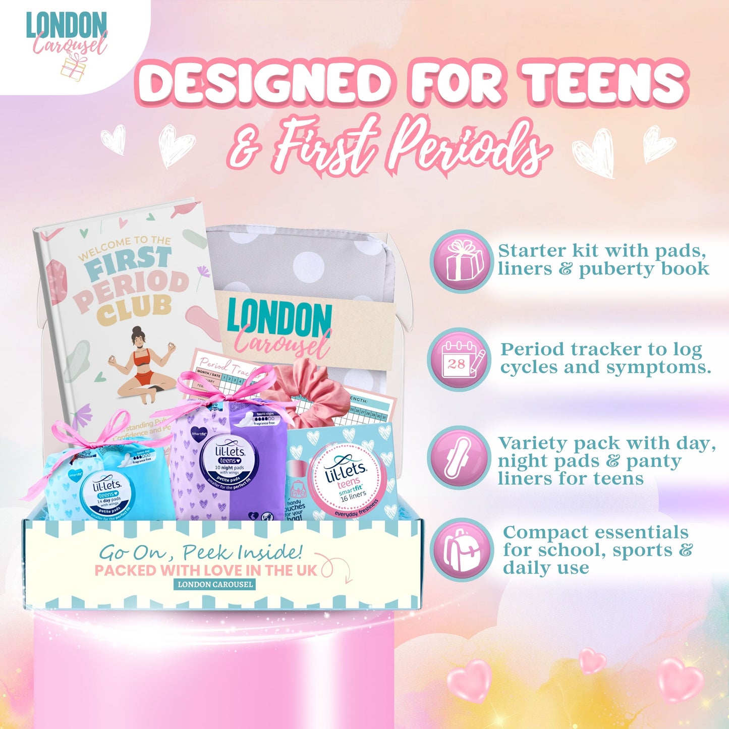 First Period Kit for Girls 9-12 with First Period Club Puberty Book,  Lil-Lets Teen Pads, Liners, Storage Bag and a Satin Scrunchie