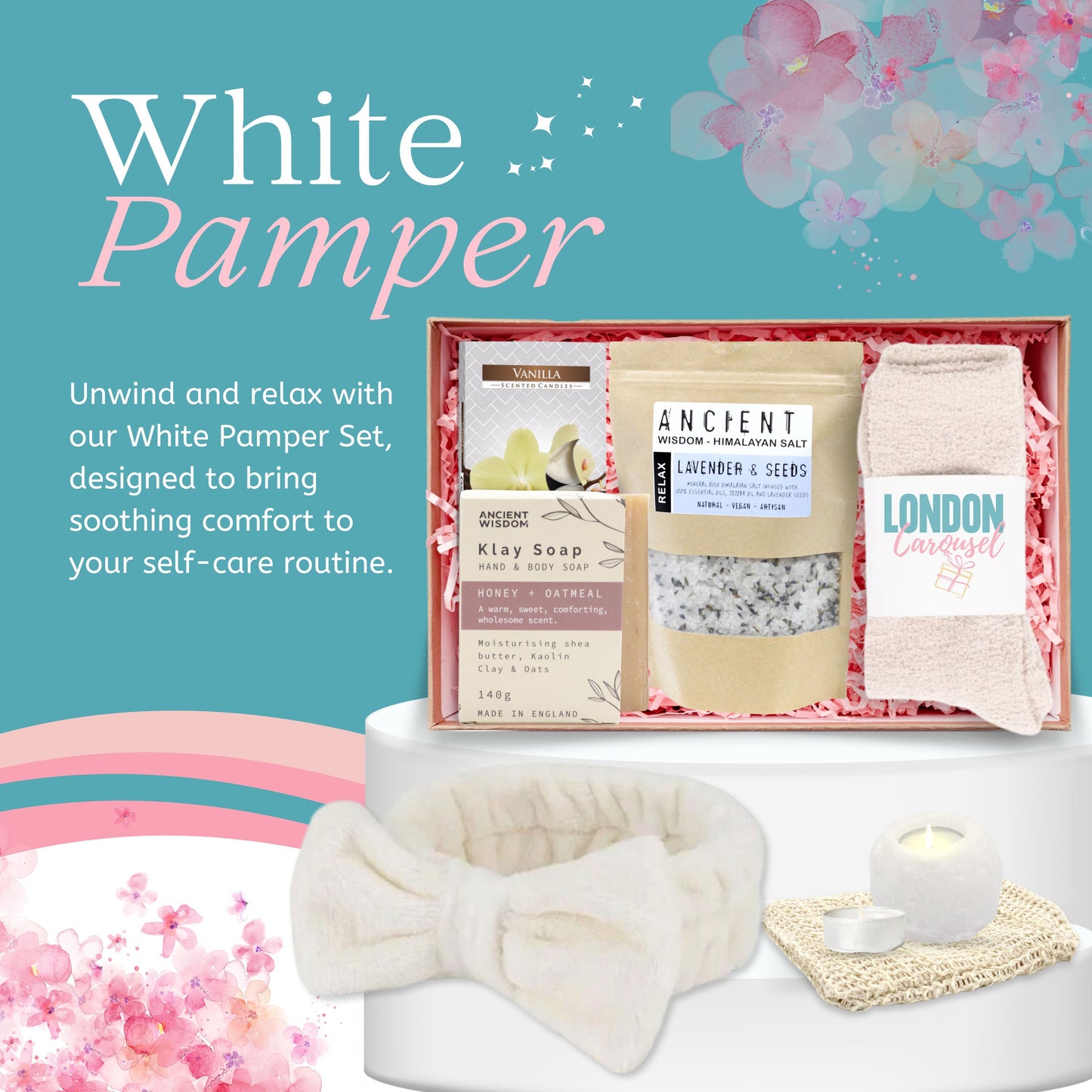 White Pamper Gift Set for Women and Girls – Spa Relaxation Kit with Socks, Headband, Candles, Soap & Bath Salts
