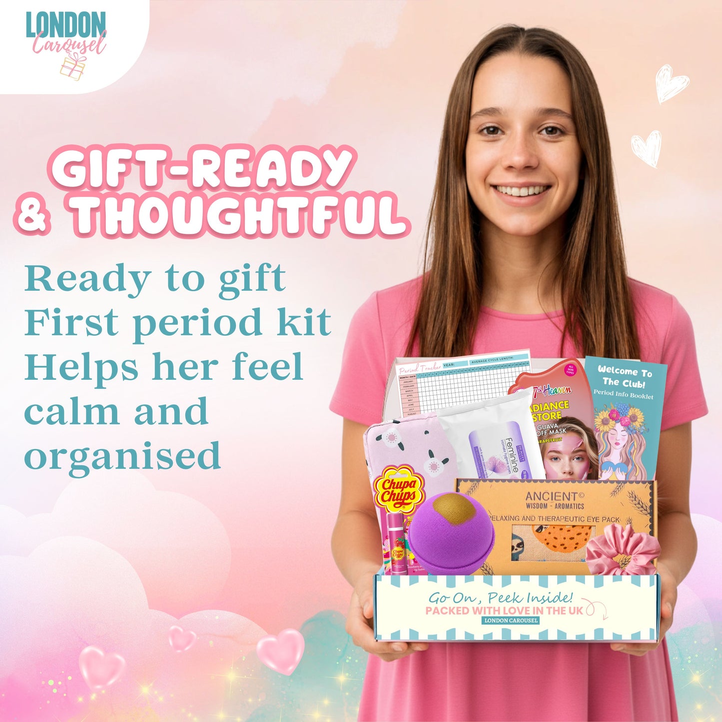 First Period Kit for Girls - Pamper Hamper with Heating Pad, Self-Care & Tracker
