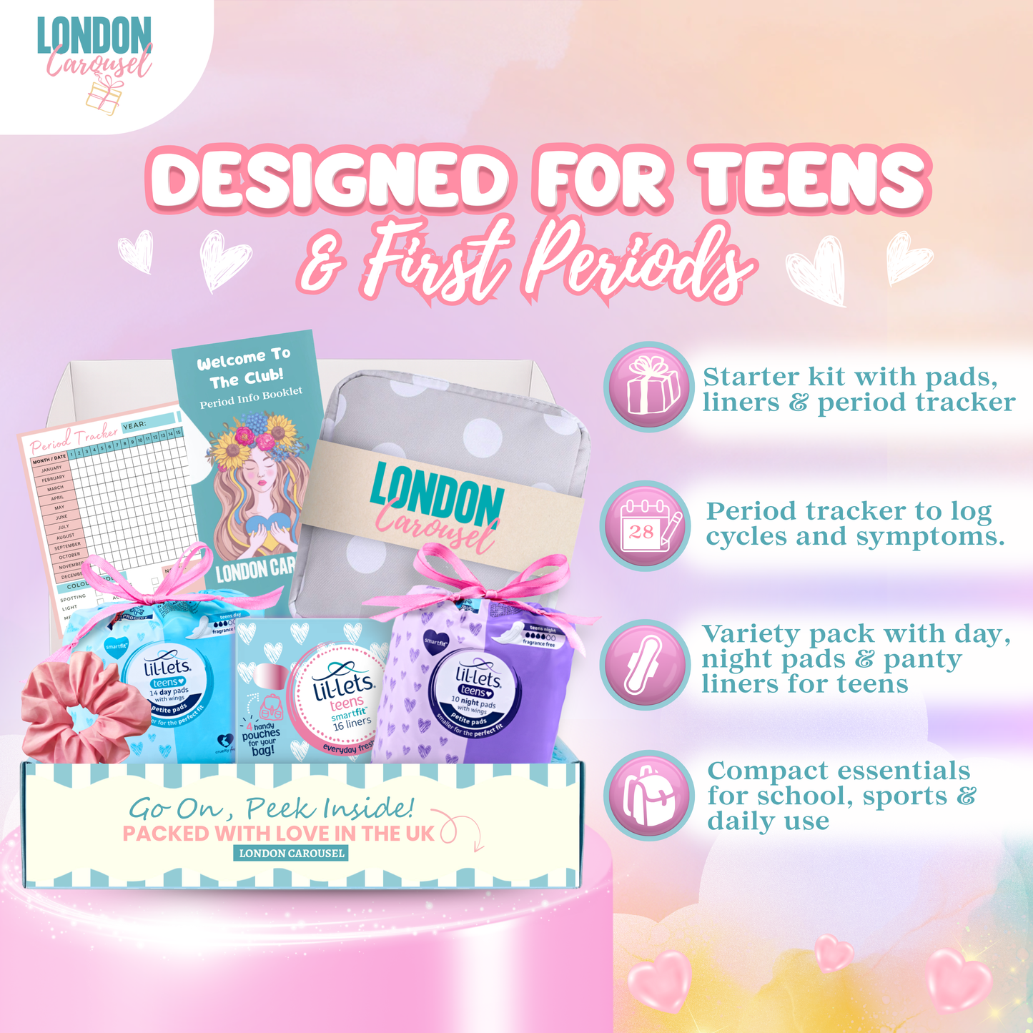 First Period Kit for Girls - Teen Sanitary Towels, Pads, Liners & Info Pack - No Tampons
