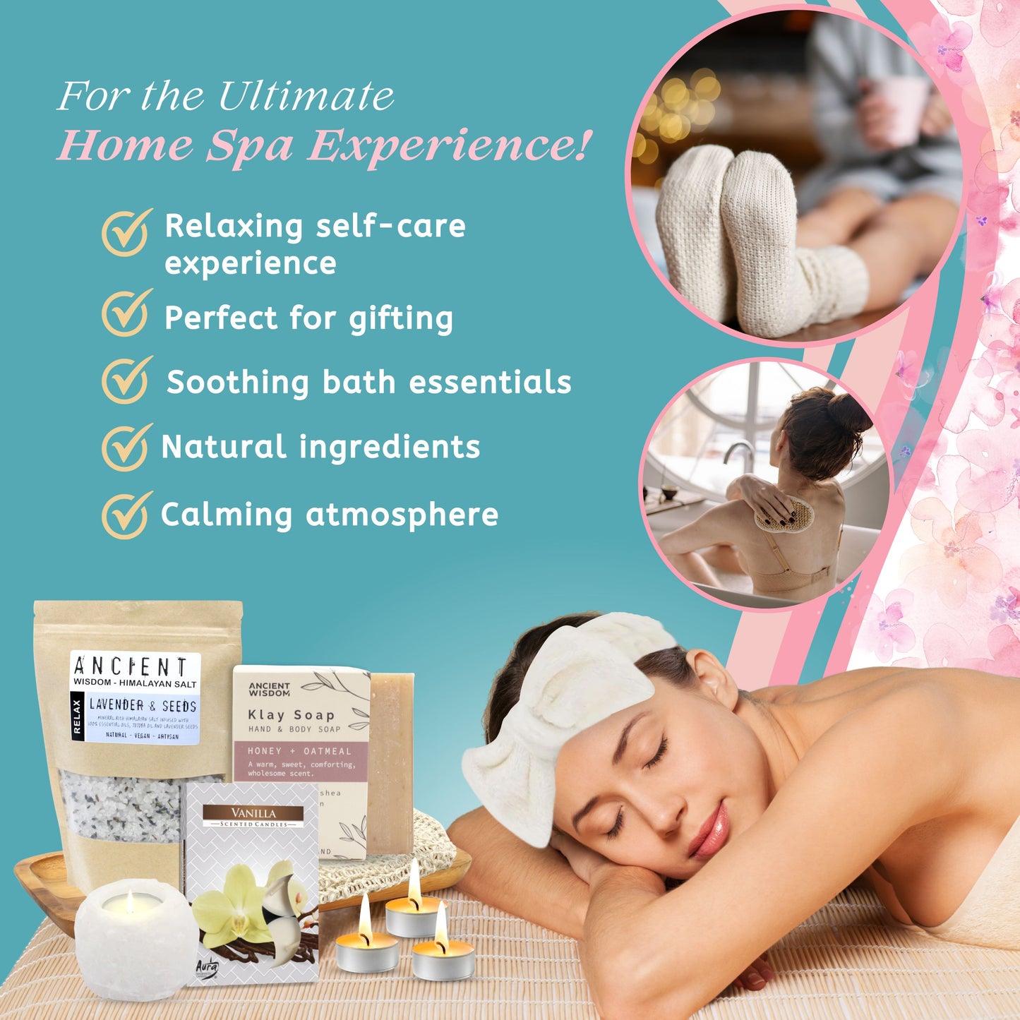 White Pamper Gift Set for Women and Girls – Spa Relaxation Kit with Socks, Headband, Candles, Soap & Bath Salts