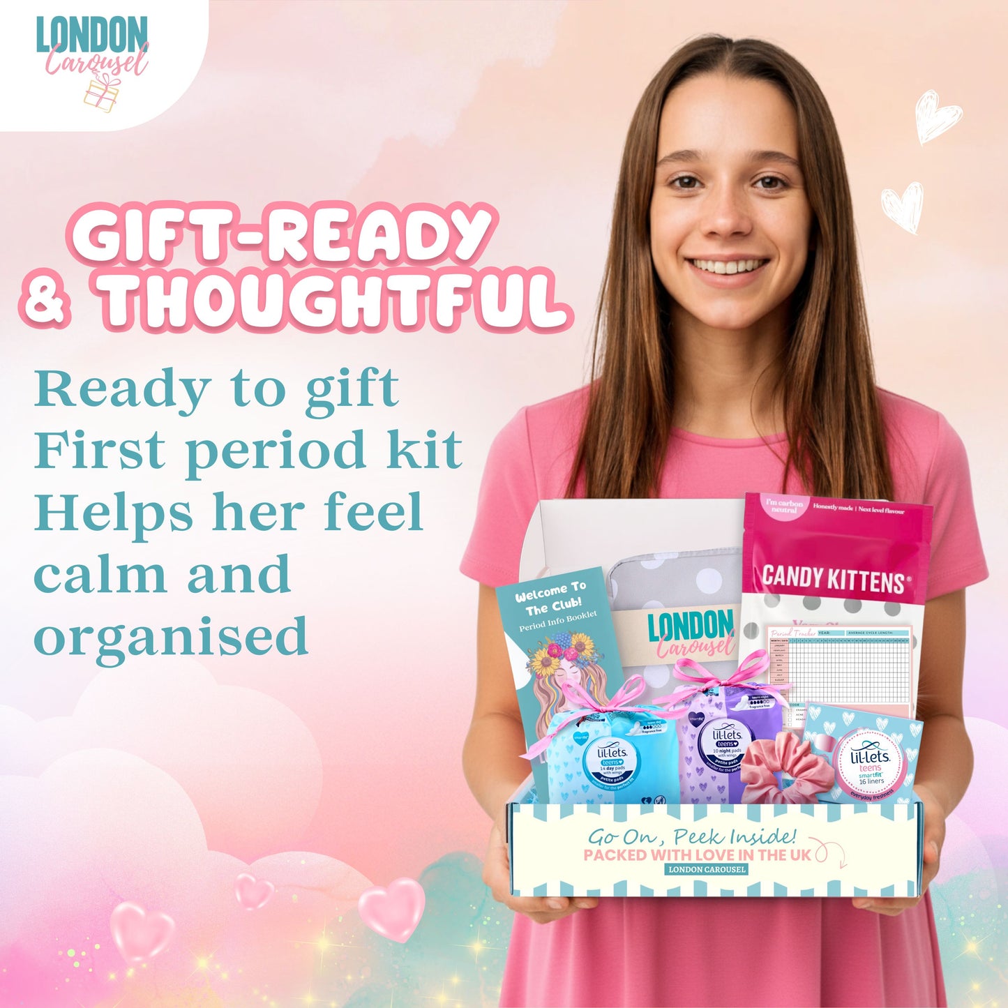 First Period Kit for Girls – No Tampons, Includes Lil-lets Pads, Candy Kittens & London Carousel Storage Bag