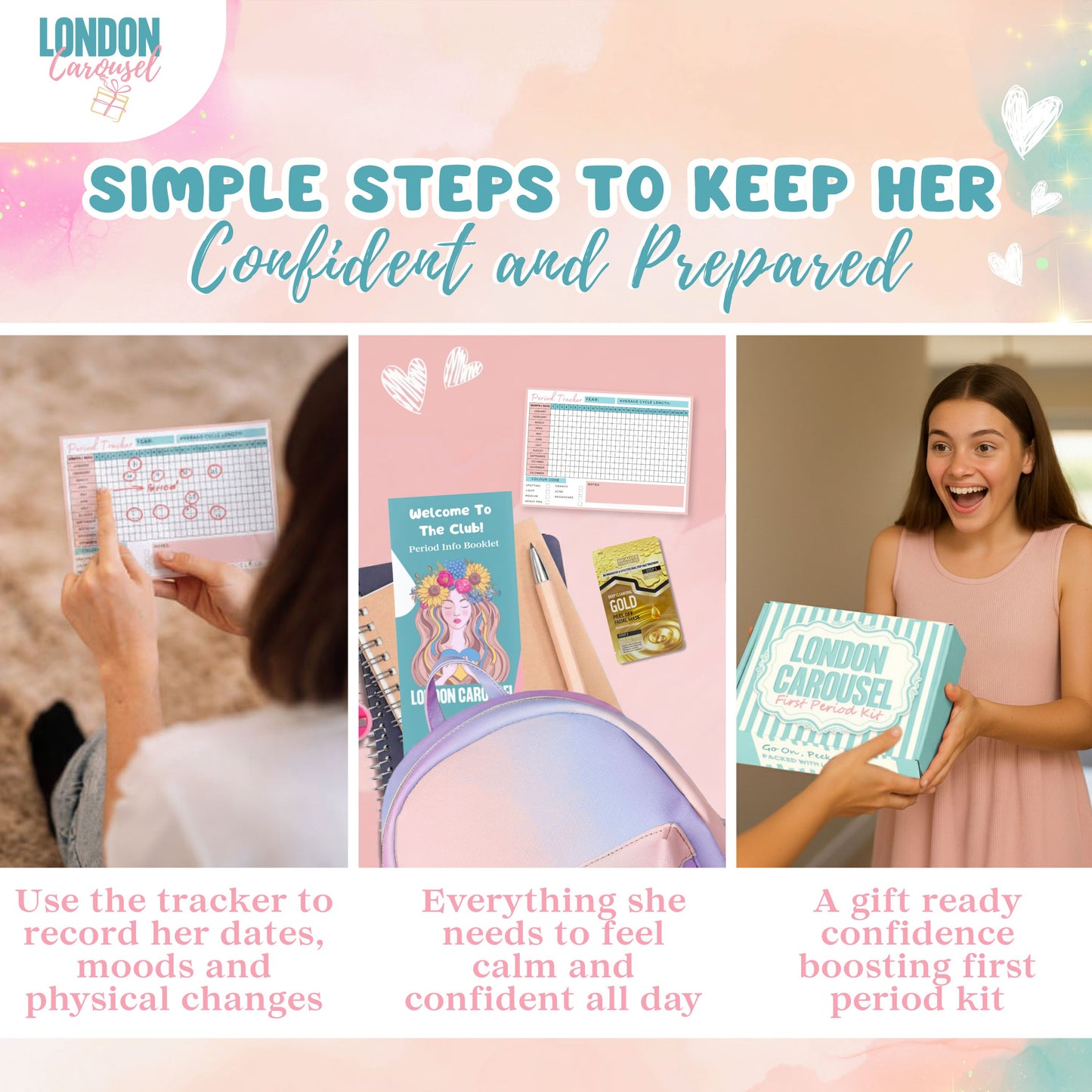 First Period Kit for Girls - Pamper Hamper with Heating Pad, Self-Care & Tracker