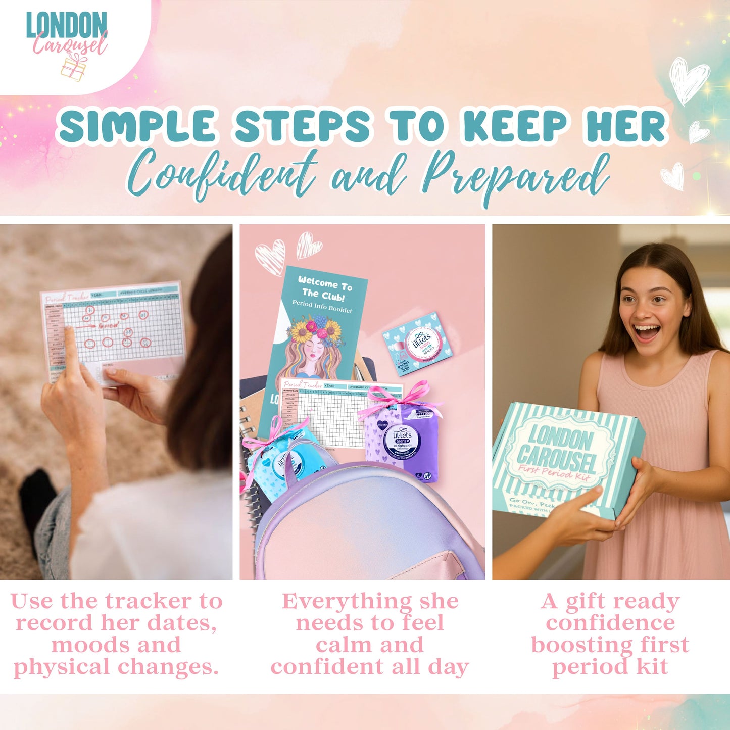 First Period Kit for Girls – No Tampons, Includes Lil-lets Pads, Candy Kittens & London Carousel Storage Bag