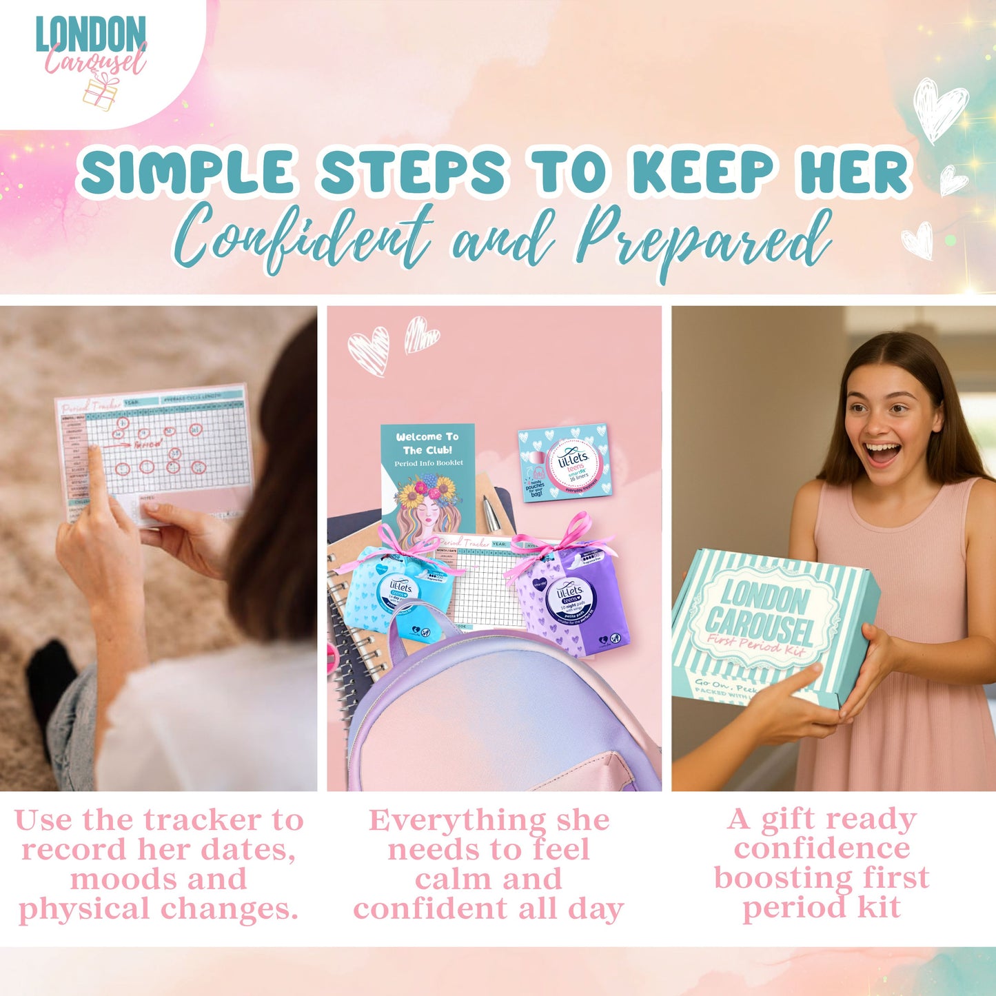 First Period Kit for Girls - Teen Pads, Liners, Self-Care, and Period Tracker