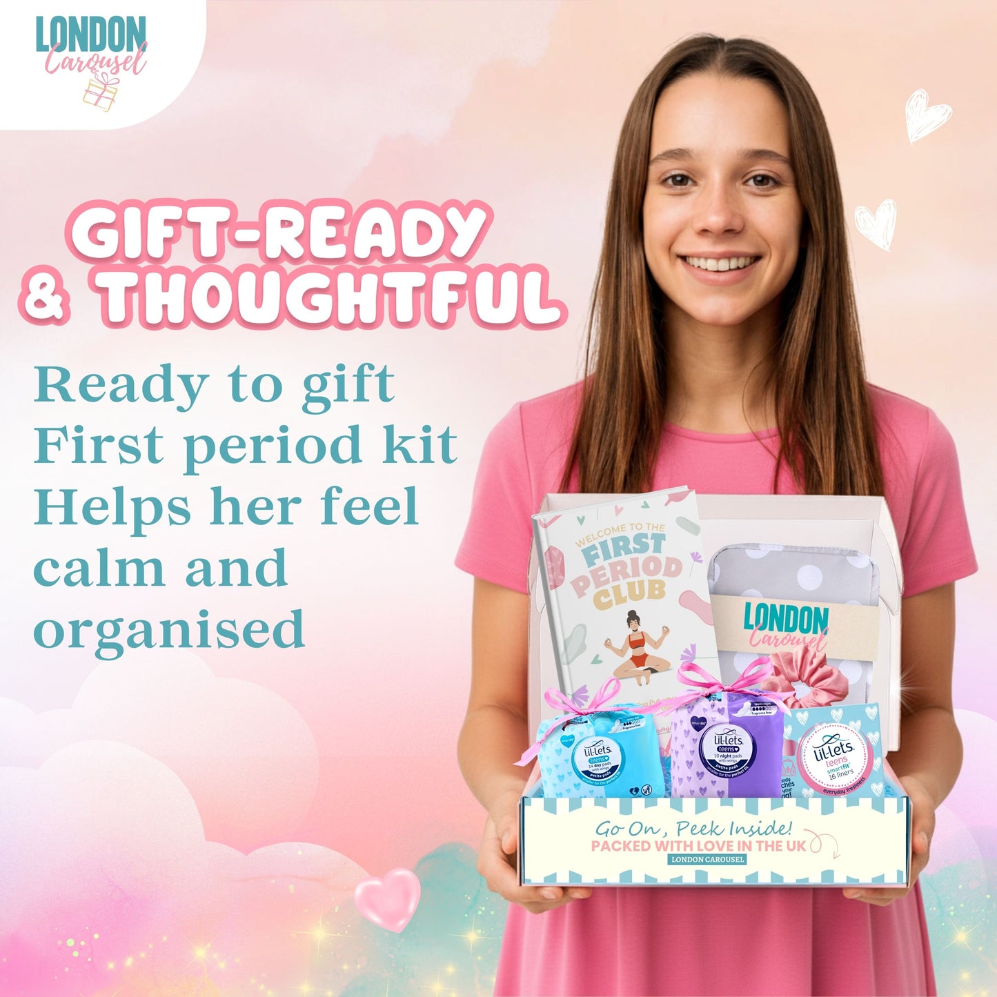 First Period Kit for Girls 9-12 with First Period Club Puberty Book,  Lil-Lets Teen Pads, Liners, Storage Bag and a Satin Scrunchie