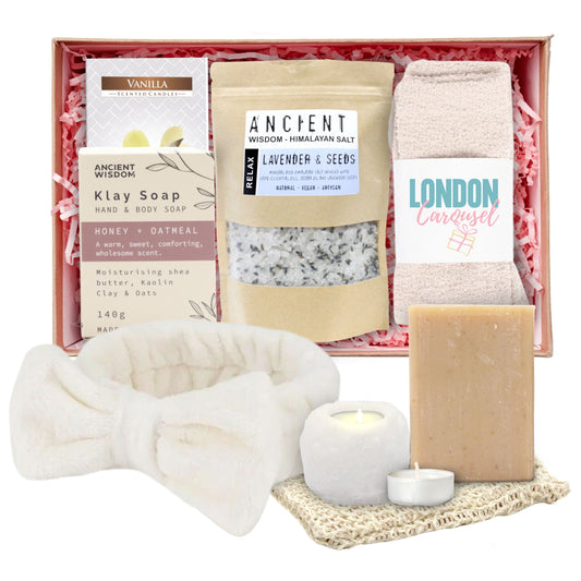 White Pamper Gift Set for Women and Girls – Spa Relaxation Kit with Socks, Headband, Candles, Soap & Bath Salts