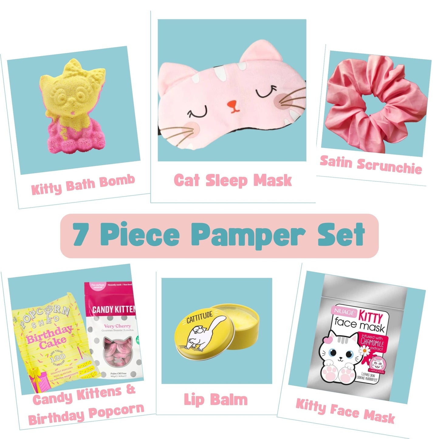 Girls Pamper Set - Cat Eye Mask, Kids Bath Bomb, Lip Balm, Face Mask & Treats