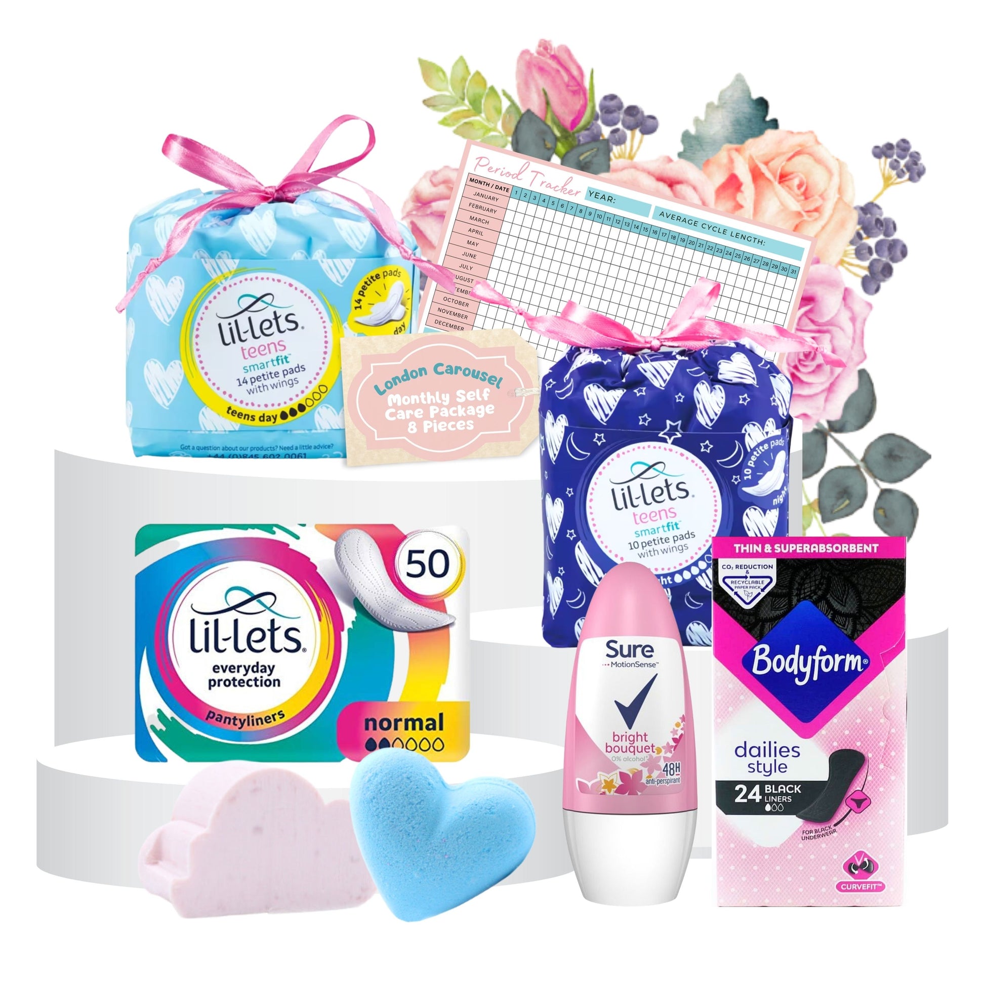 A comprehensive Monthly Period Self Care Subscription Box featuring a 14-pack of Lil-Lets Teen Smartfit Day Pads, a 10-pack of Lil-Lets Teen Smartfit Night Pads, a 50-pack of Lil-Lets Essentials Panty Liners, a 26-pack of Bodyform Dailies Black Normal Panty Liners, a 50ml Sure Roll-On Deodorant, a 70g Love Heart Bath Bomb in blue baby powder scent, and a Pink Cloud Guest Soap with a marshmallow fragrance.