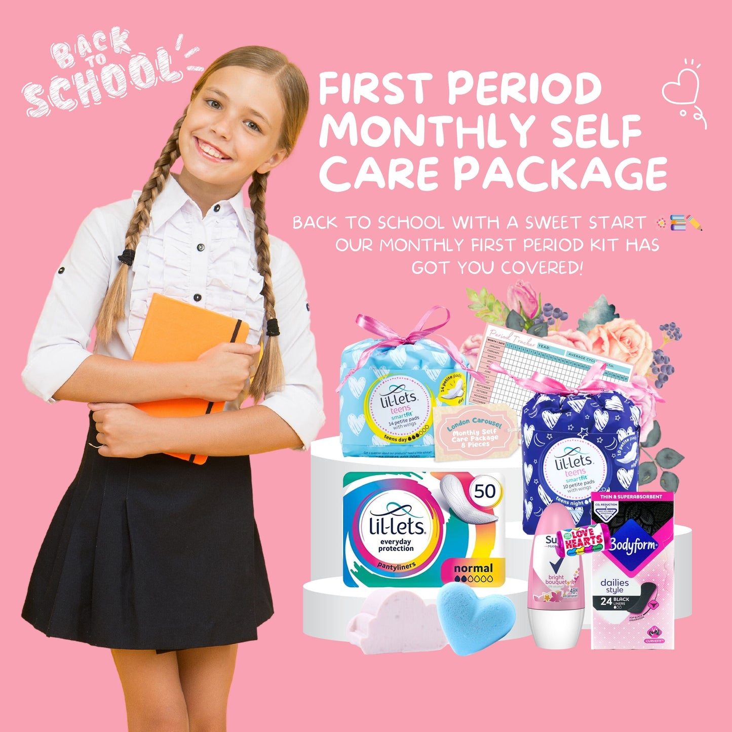 First Period Kit for Girls - Lil Lets Sanitary Pads, Liners, Deodorant, Bath Bomb, and Tracker