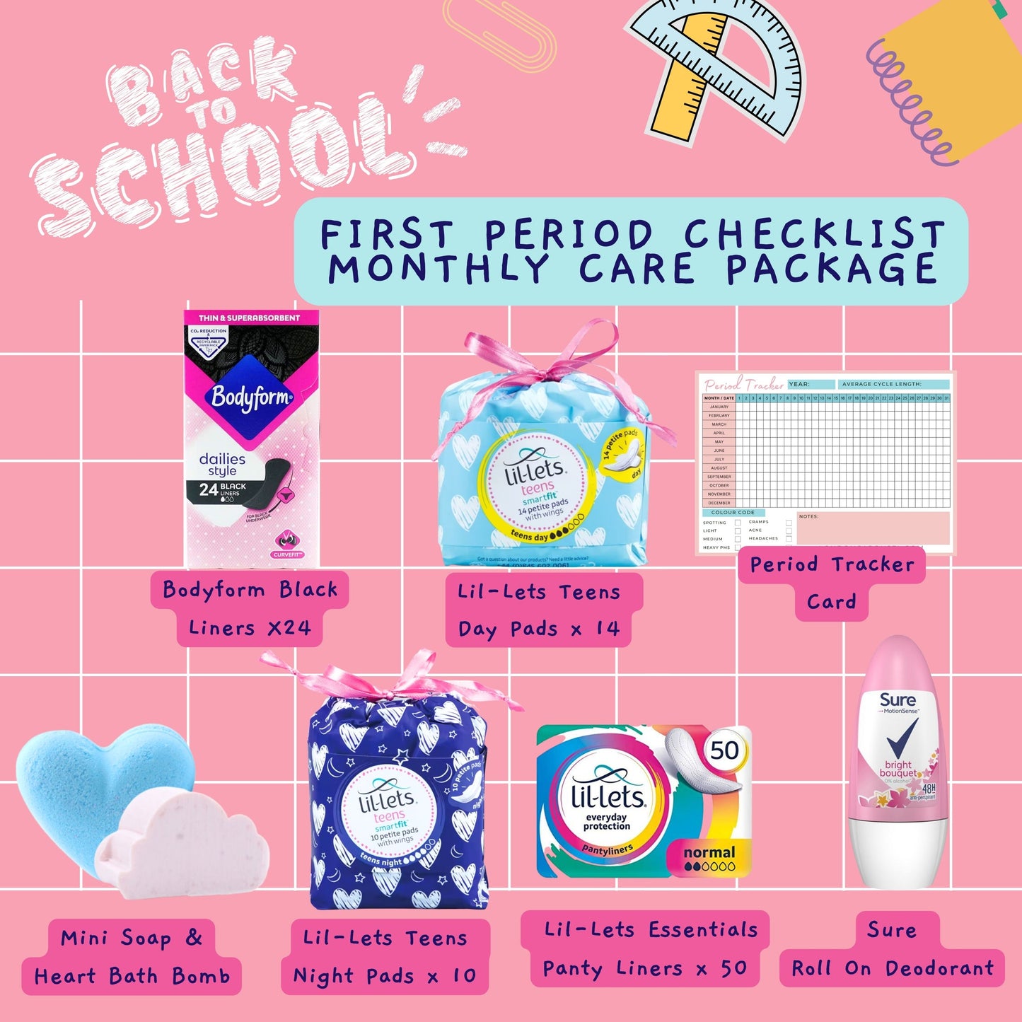 First Period Kit for Girls - Lil Lets Sanitary Pads, Liners, Deodorant, Bath Bomb, and Tracker