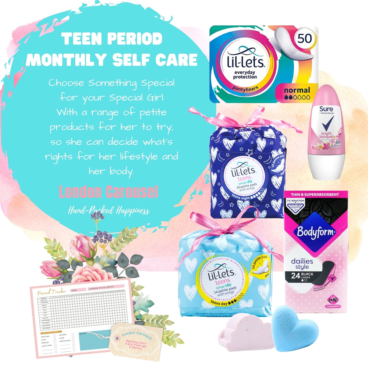 First Period Kit for Girls - Lil Lets Sanitary Pads, Liners, Deodorant, Bath Bomb, and Tracker