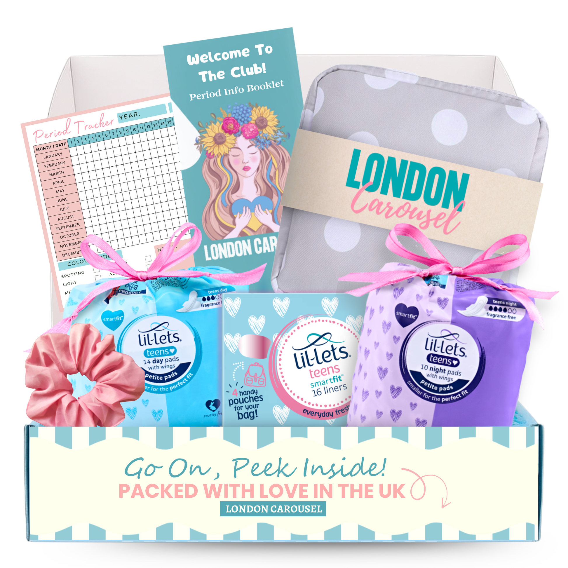 An essential first period kit for girls, the Delicate Debut includes a cute sanitary pouch, 14 Lil-lets day pads, 10 night pads, 16 panty liners, a hair scrunchie, and a My First Period information booklet and period tracker card.