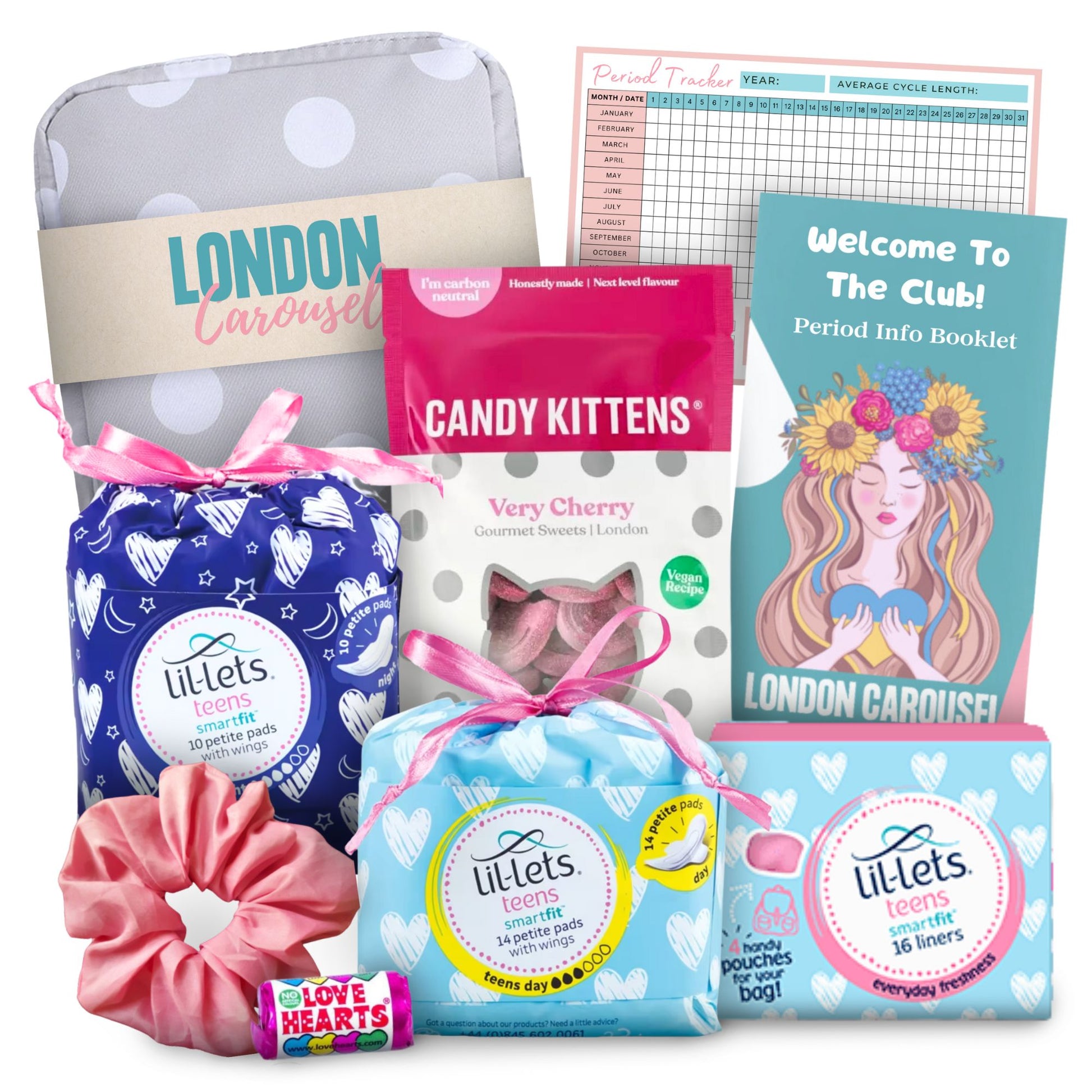 First Period Kit for Girls featuring Lil-lets pads, Candy Kittens sweets, and a London Carousel storage bag, with no tampons included.