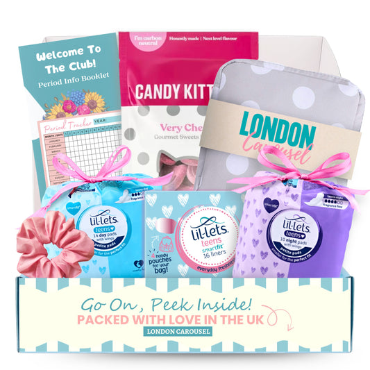 First Period Kit for Girls featuring Lil-lets pads, Candy Kittens sweets, and a London Carousel storage bag, with no tampons included.
