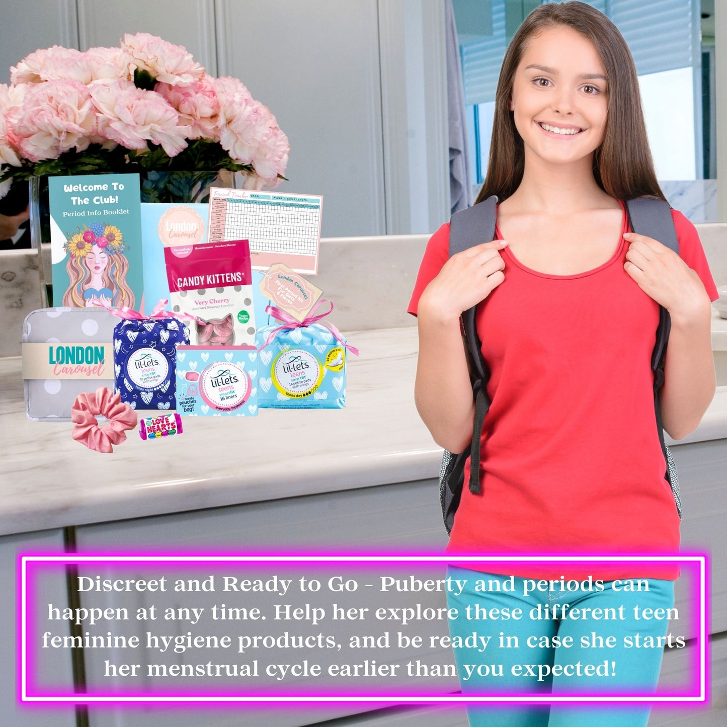 First Period Kit for Girls – No Tampons, Includes Lil-lets Pads, Candy Kittens & London Carousel Storage Bag