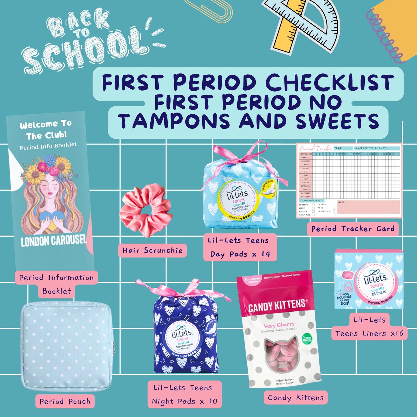 First Period Kit for Girls – No Tampons, Includes Lil-lets Pads, Candy Kittens & London Carousel Storage Bag