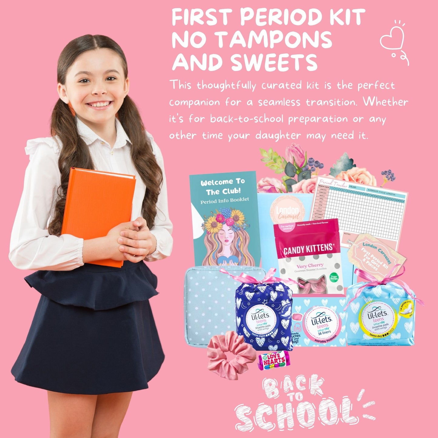 First Period Kit for Girls – No Tampons, Includes Lil-lets Pads, Candy Kittens & London Carousel Storage Bag