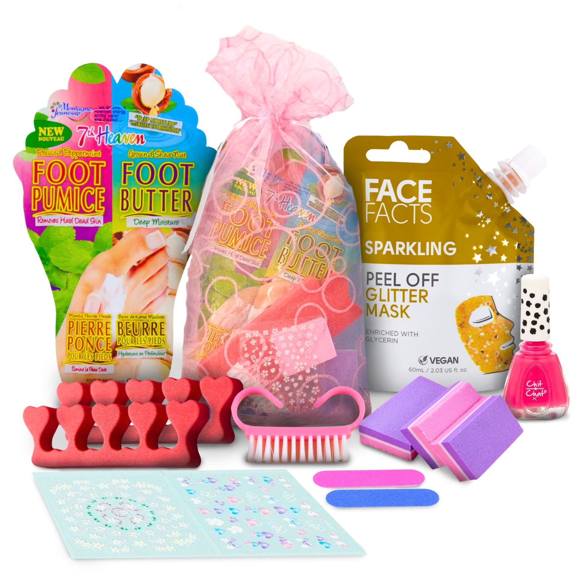 Girls' Foot Pamper Kit with 7th Heaven Foot Mask, Nail Varnish, Toe Separator, Nail File, Stickers, Buffer, and Brush for a complete pedicure and spa experience.