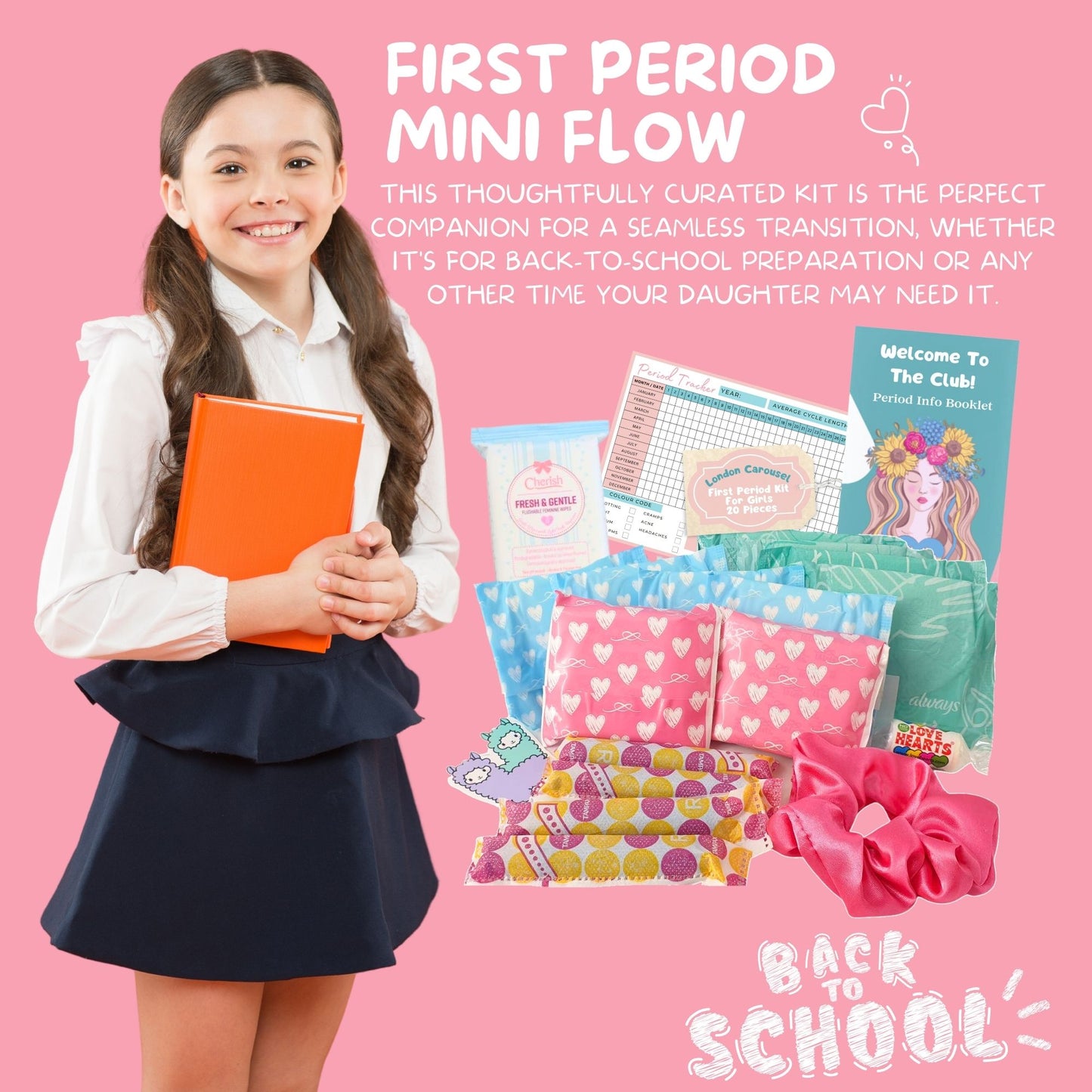 First Period Kit for Girls - Lil-Lets Teen Pads, Always Pads, Tampax Compak Tampons, Panty Liners, Wipes, Scrunchie, Info Flyer, Period Tracker