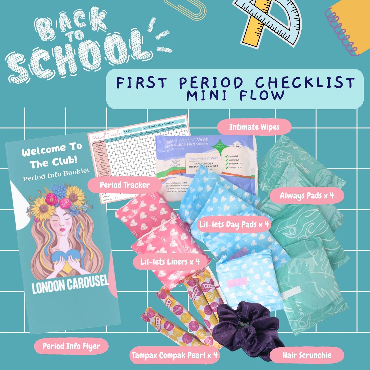 First Period Kit for Girls - Lil-Lets Teen Pads, Always Pads, Tampax Compak Tampons, Panty Liners, Wipes, Scrunchie, Info Flyer, Period Tracker