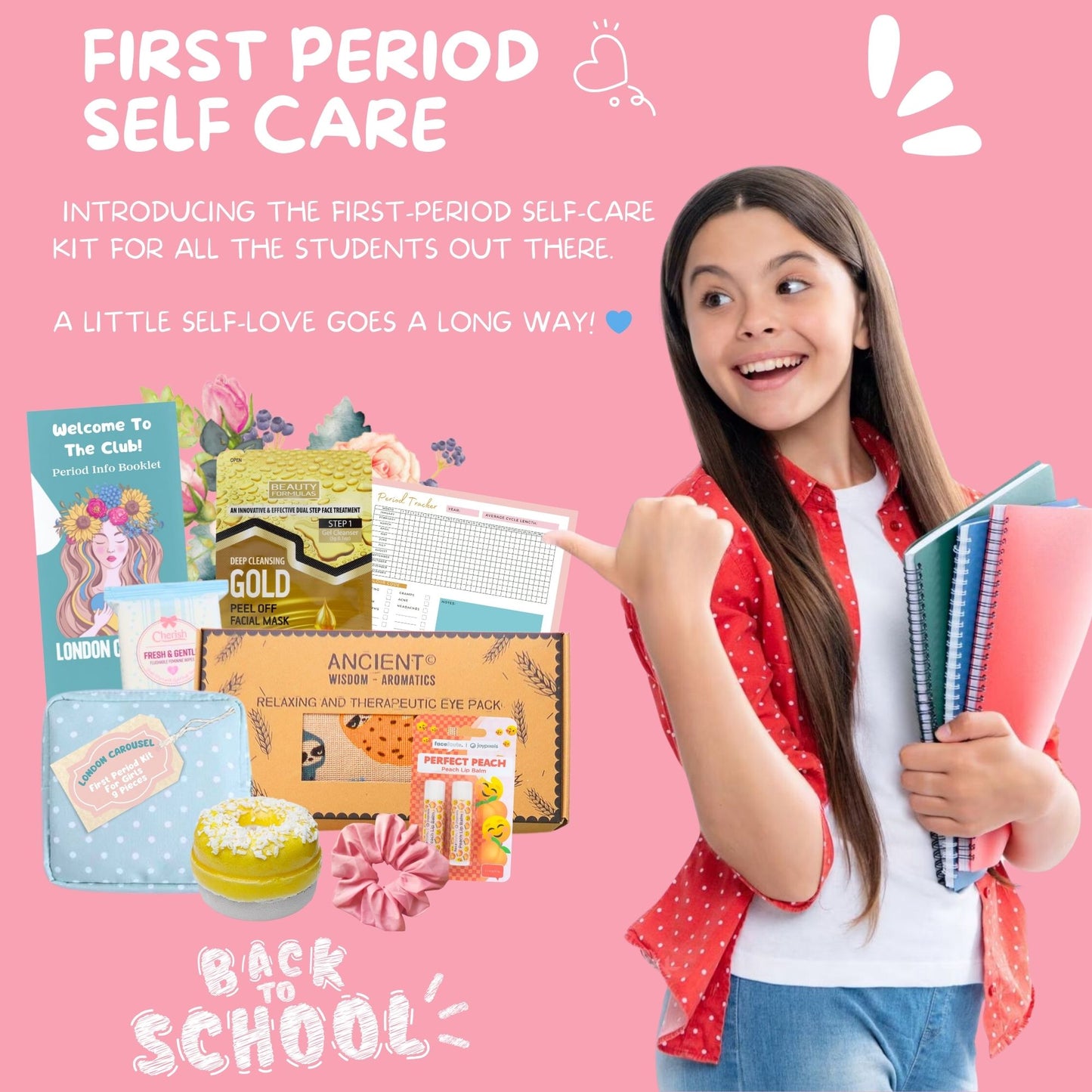 First Period Kit for Girls - Pamper Hamper with Heating Pad, Self-Care & Tracker