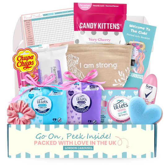 First Period I am strong' kit including Lil-Lets Teen Smartfit day pads, night pads, panty liners, wipes, deodorant, bath bomb, pouches, lip balm, candy, scrunchie, mini rolls, booklet, and period tracker card.