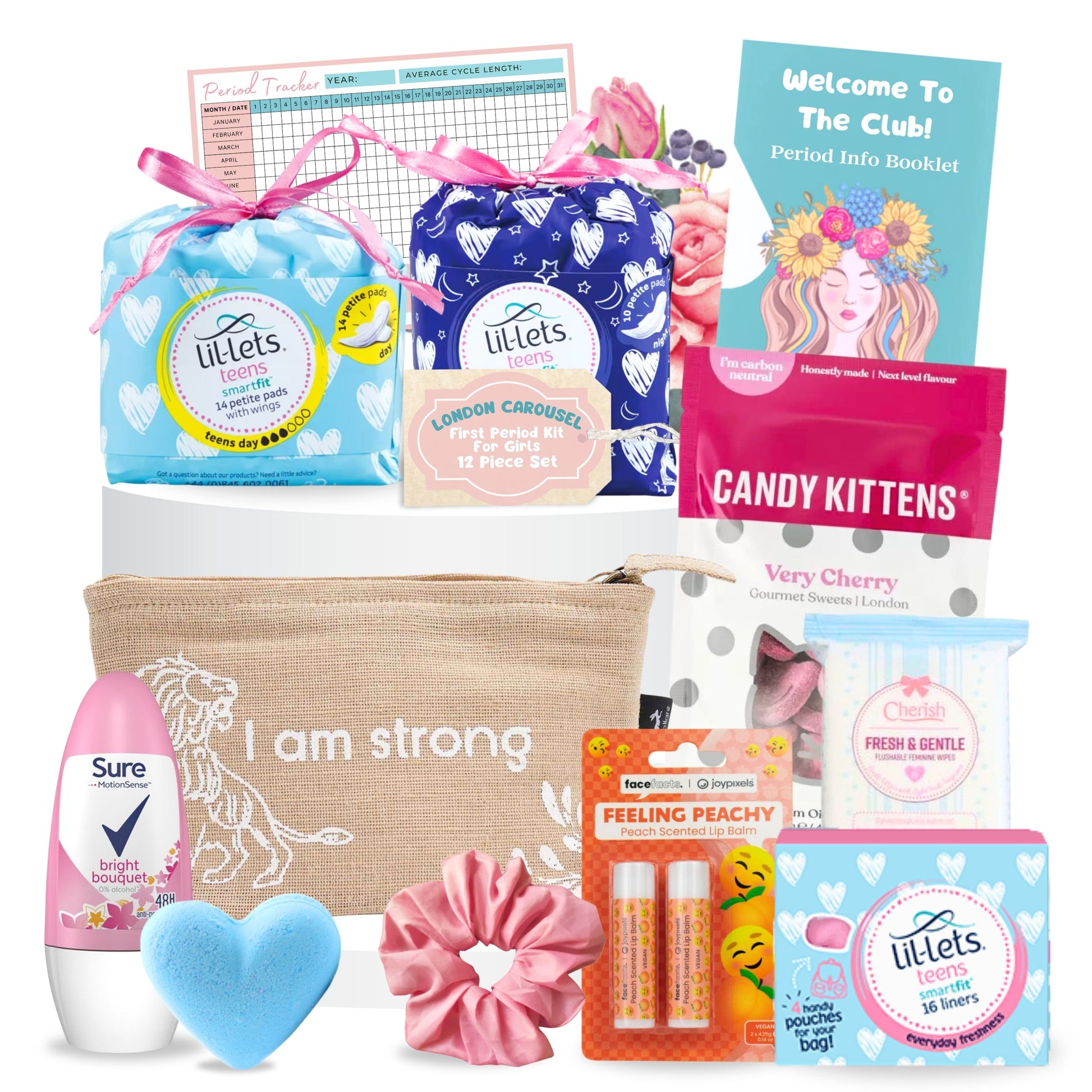 First Period I am strong' kit including Lil-Lets Teen Smartfit day pads, night pads, panty liners, wipes, deodorant, bath bomb, pouches, lip balm, candy, scrunchie, mini rolls, booklet, and period tracker card.