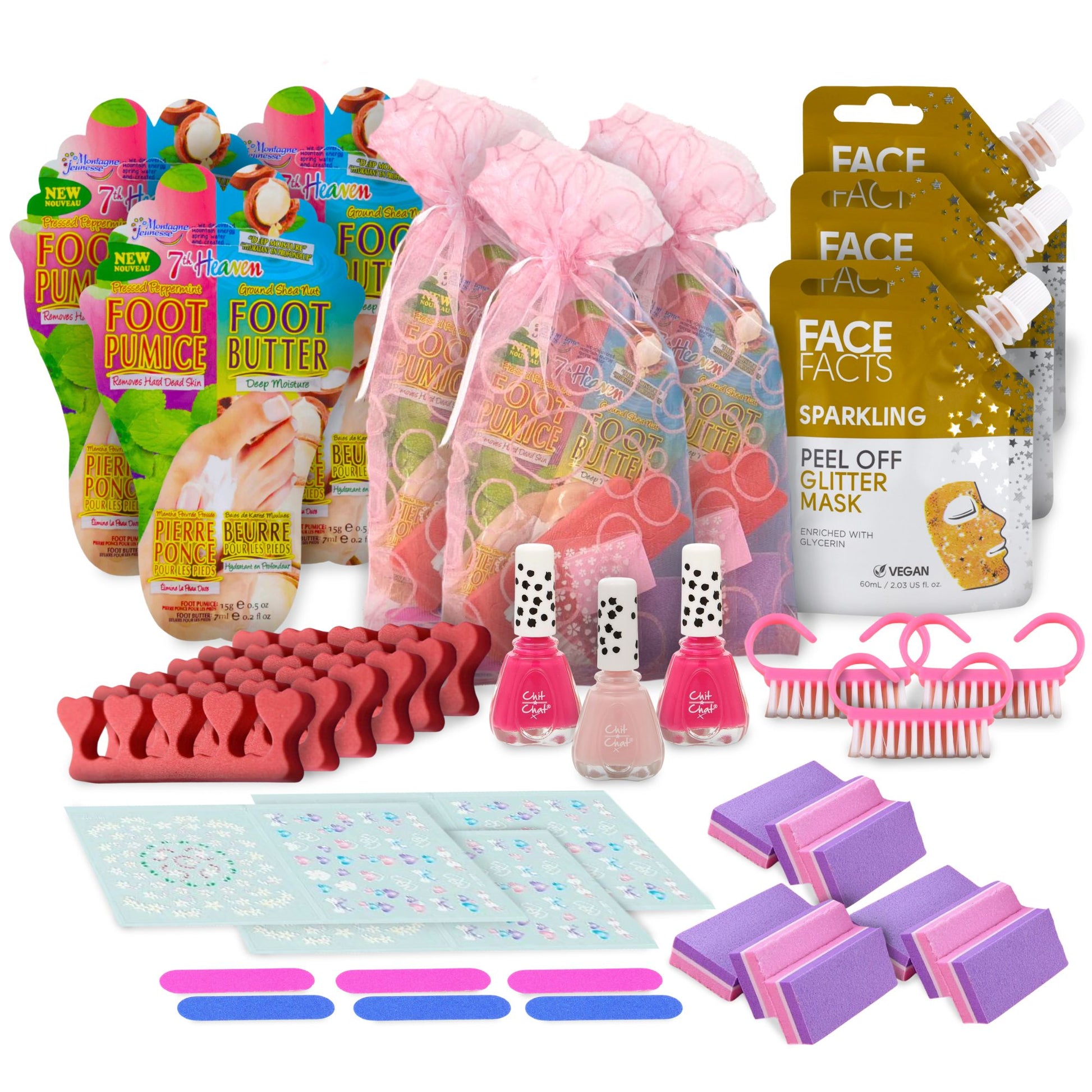 Girls' Foot Pamper Kit Bundle with 3x 7th Heaven Foot Masks, 3x Face Masks, 3x Nail Varnishes, and Pedicure Set for a complete spa experience.