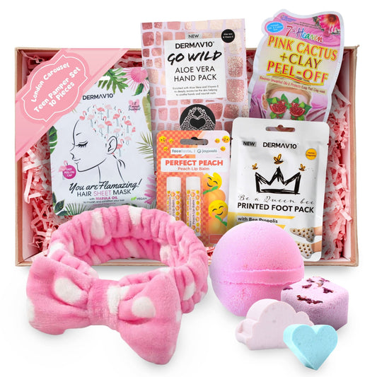 Skin care for teenage girls: Pamper set includes spa headband, bath bomb, shower steamers, marshmallow soaps, face mask, hair mask, foot mask, hand mask, and lip balm set in a luxurious spa hamper.