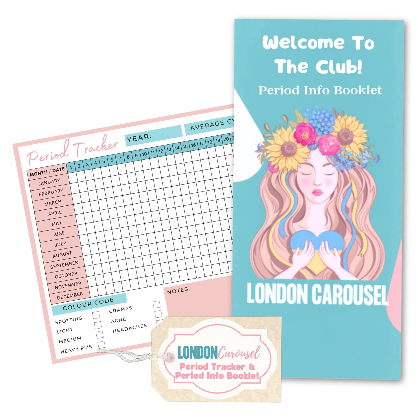 Monitor your menstrual cycle effortlessly with our London Carousel Period Tracker and Period Flyer. This comprehensive tracker helps women and girls manage period dates, symptoms, and fertility cycles. Perfect for understanding your body and as a thoughtful gift.