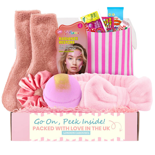 Girls Pamper Set - Spa Headband, Bath Bomb, Cozy Socks, Face Mask, Hair Scrunchie & Sweets