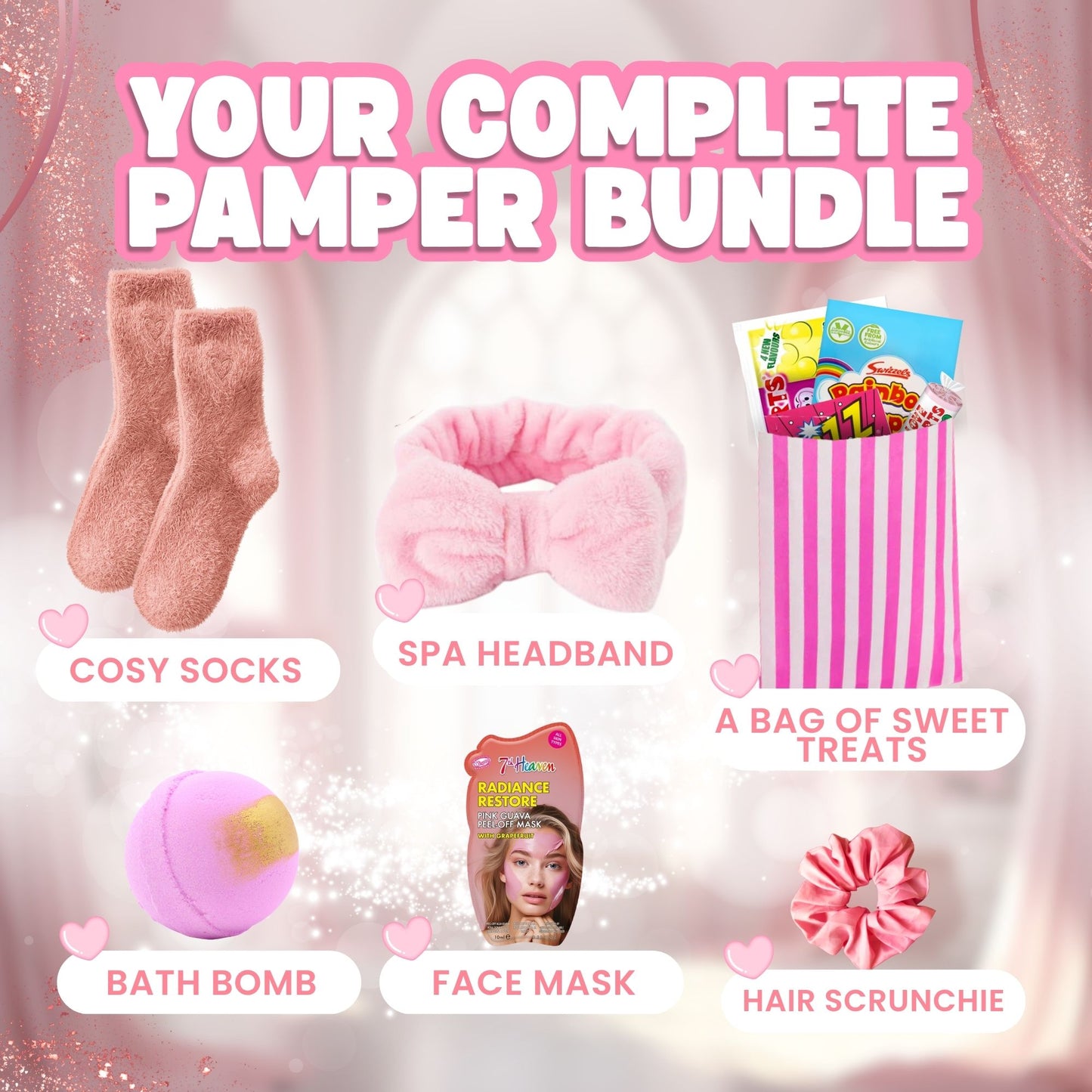 Girls Pamper Set - Spa Headband, Bath Bomb, Cozy Socks, Face Mask, Hair Scrunchie & Sweets
