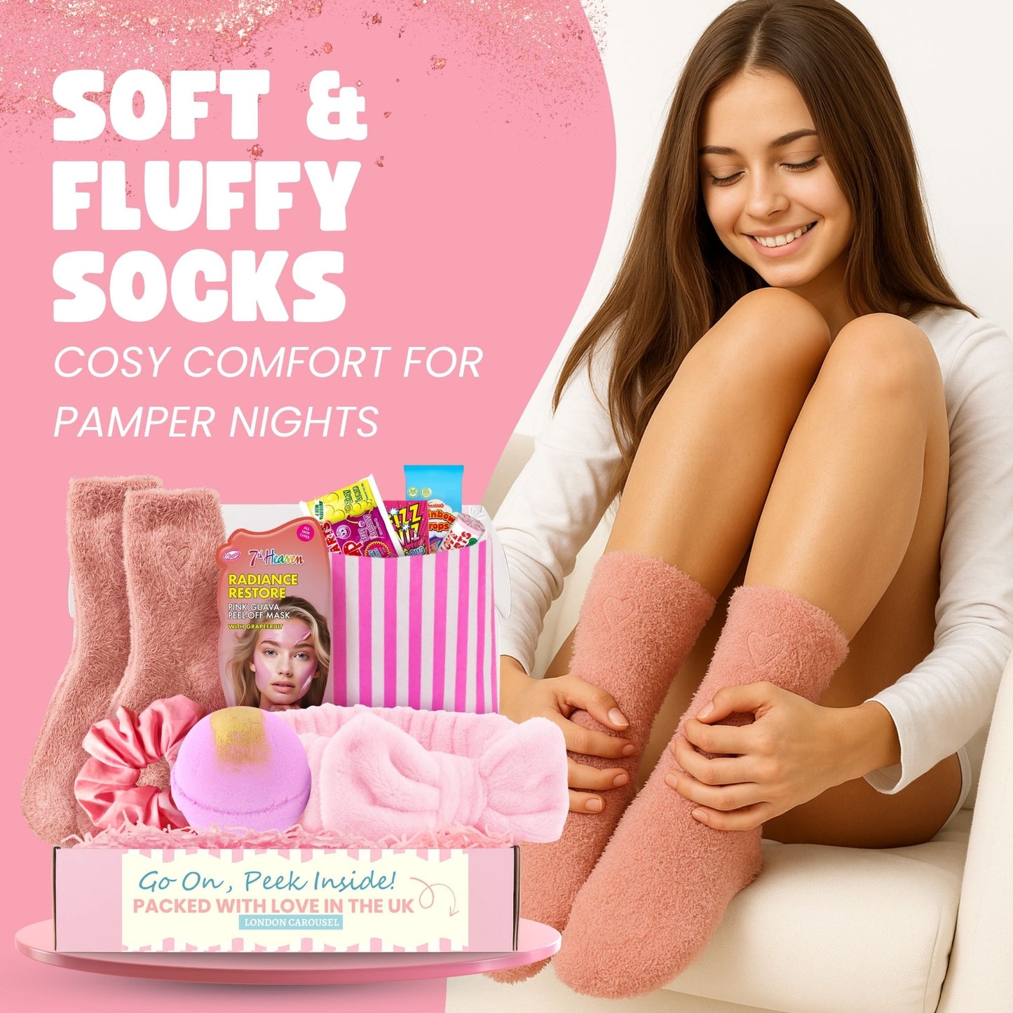 Girls Pamper Set - Spa Headband, Bath Bomb, Cozy Socks, Face Mask, Hair Scrunchie & Sweets