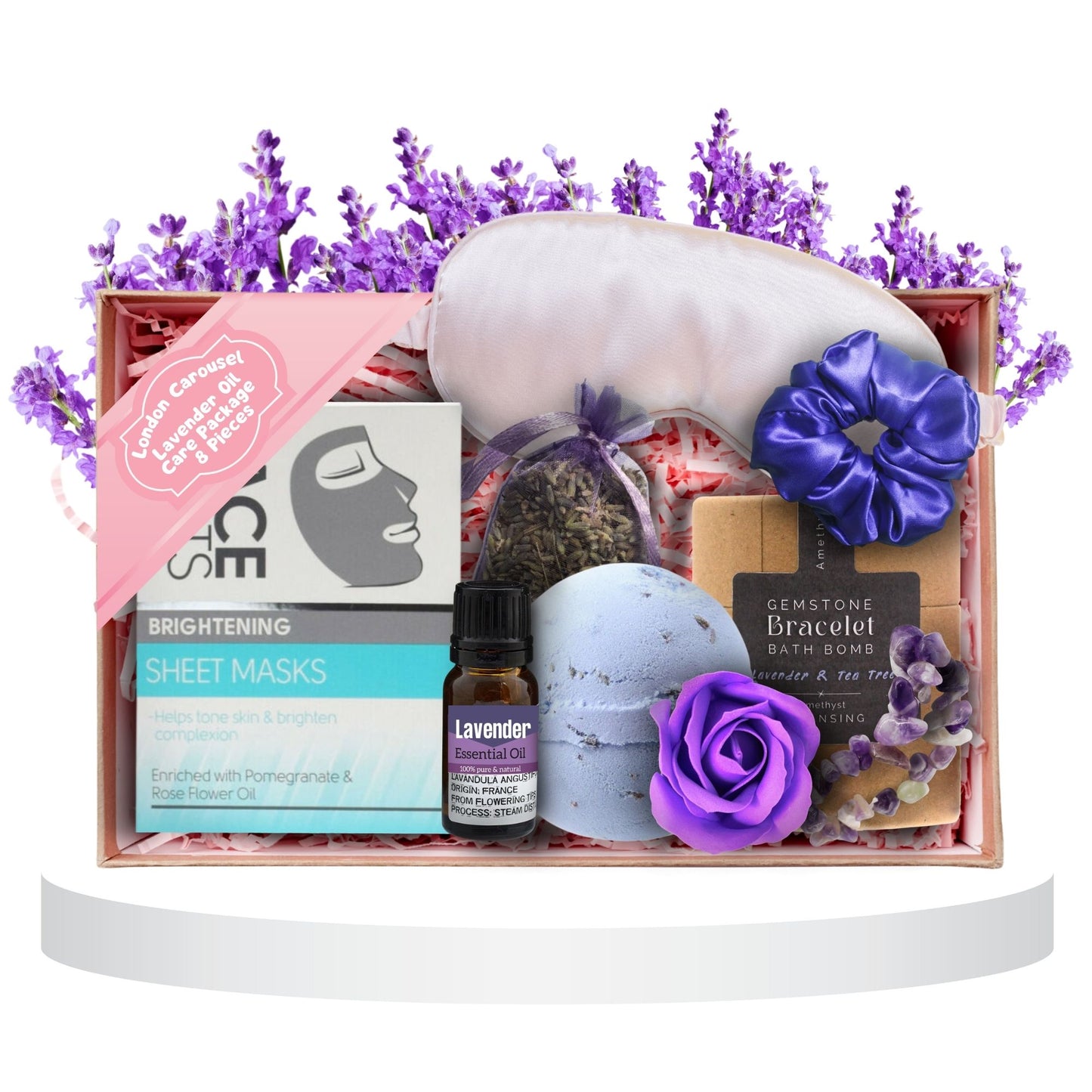 Indulge in relaxation with the Lavender Dreams Spa Gift, featuring lavender-scented bath bomb, a soothing eye mask, calming lavender essential oil, Lavender Pillow Bag, Lavender Rose Soap, and Lavender Bath Bomb with Amethyst Bracelet Inside Perfect for a spa-like experience at home.