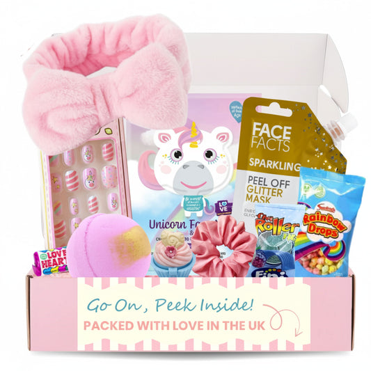 Kids Spa Set with Unicorn Face Masks, Pamper Spa Headband, Bath Bombs, Lip Balm & Sweet Treats
