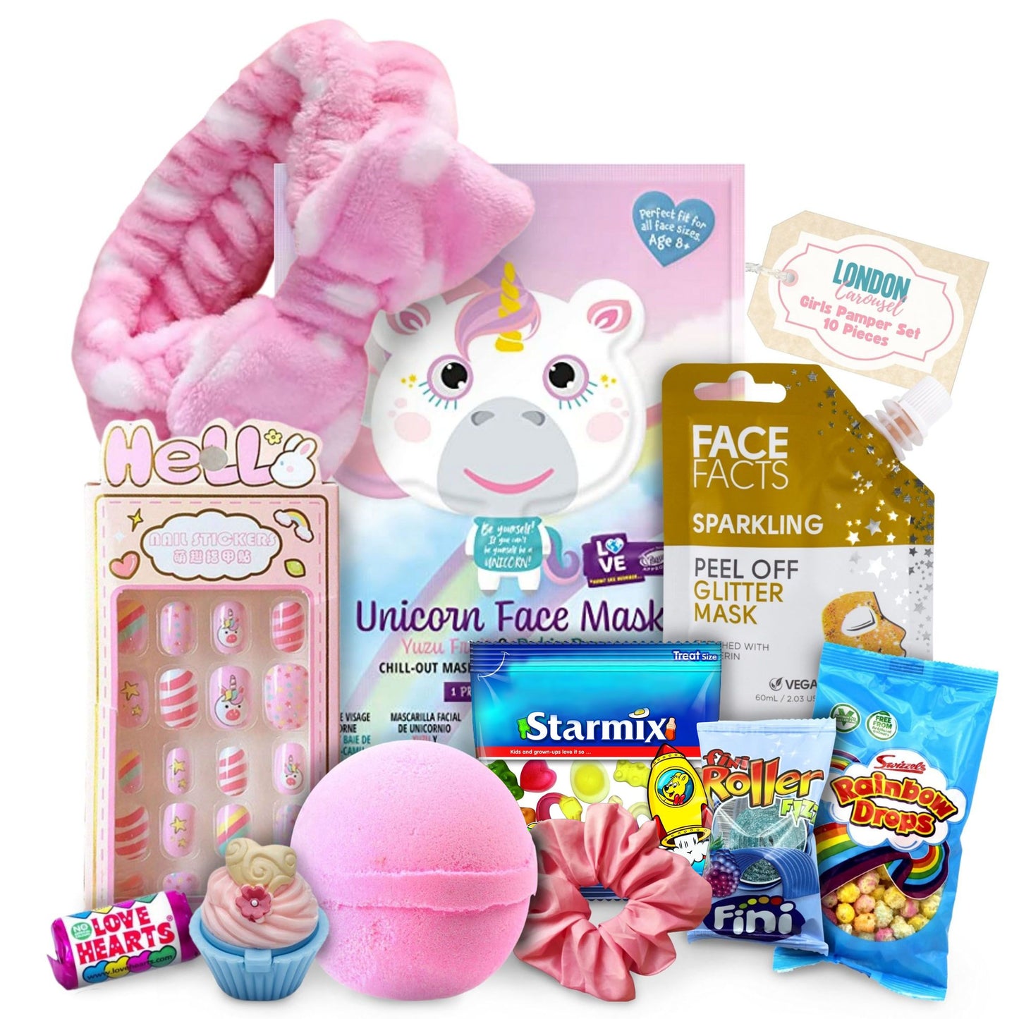 Kids Spa Set with Unicorn Face Masks, Pamper Spa Headband, Bath Bombs, Lip Balm & Sweet Treats