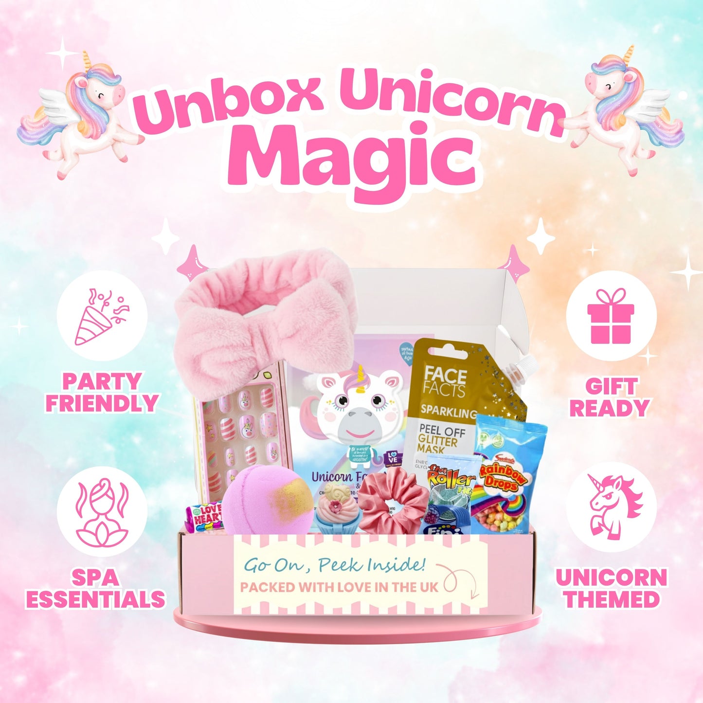 Kids Spa Set with Unicorn Face Masks, Pamper Spa Headband, Bath Bombs, Lip Balm & Sweet Treats