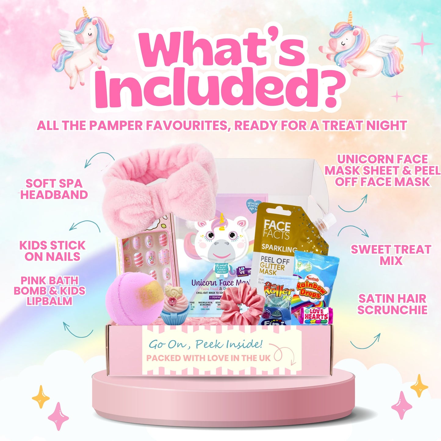 Kids Spa Set with Unicorn Face Masks, Pamper Spa Headband, Bath Bombs, Lip Balm & Sweet Treats