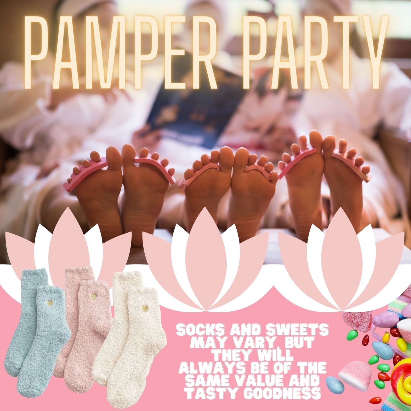 Girls Pamper Set - Spa Headband, Bath Bomb, Cozy Socks, Face Mask, Hair Scrunchie & Sweets