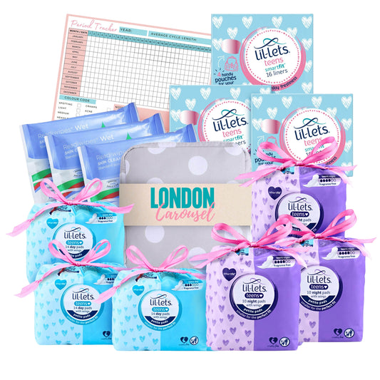 A comprehensive Teen Complete Care Kit - 3 Month Lil-let Sanitary Bundle featuring a London Carousel sanitary pad bag, 3 packs of Lil Lets Teen Pads, 3 packs of Lil Lets Night Pads, 3 packs of Lil Lets Teen Liners, 3 packs of intimate feminine wipes, and a handy period tracker.