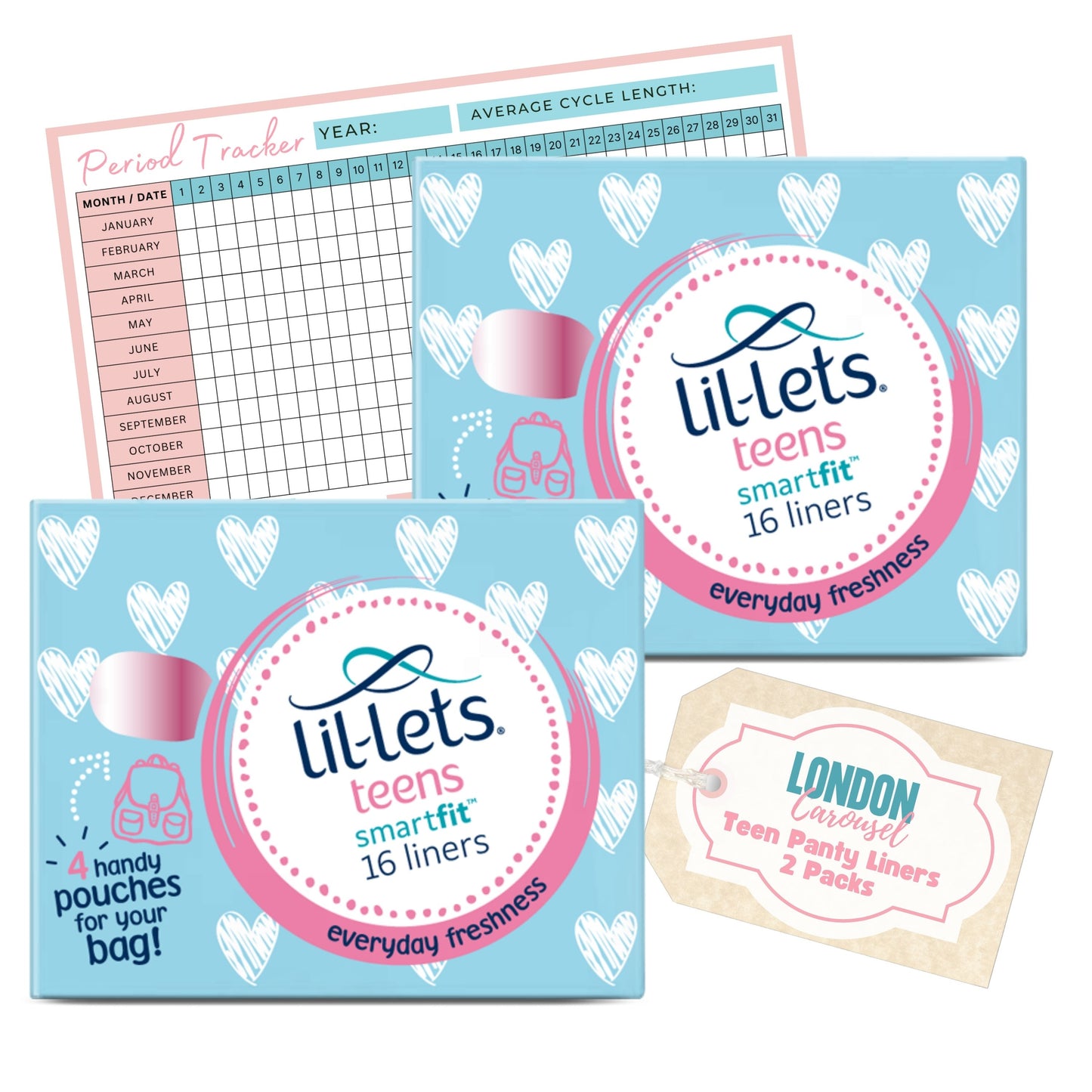Teen Sanitary Liners Bundle with Lil Lets Panty Liners x2 and London Carousel Period Tracker