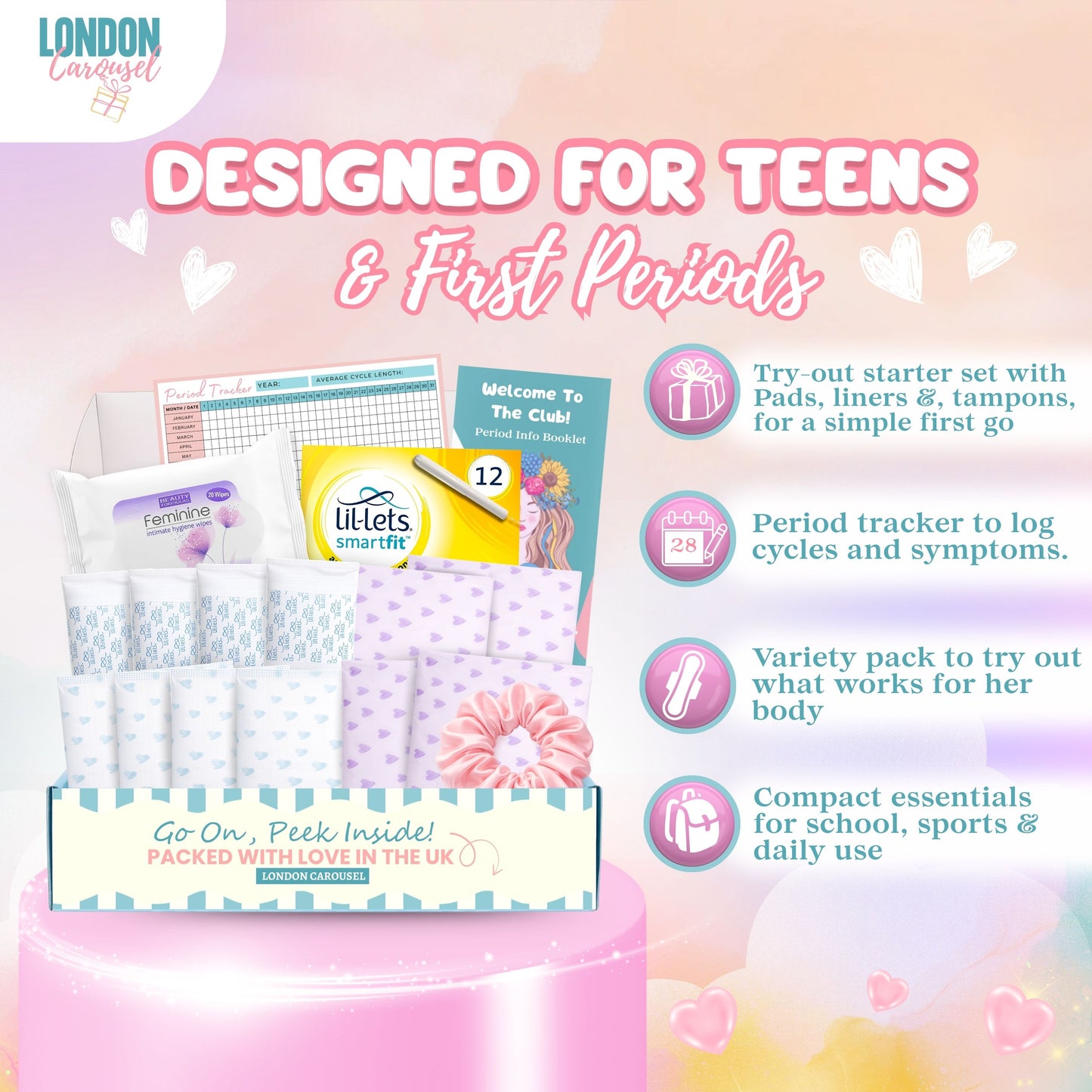 First Period Kit for Girls - Lil-Lets Teen Pads, Always Pads, Tampax Compak Tampons, Panty Liners, Wipes, Scrunchie, Info Flyer, Period Tracker