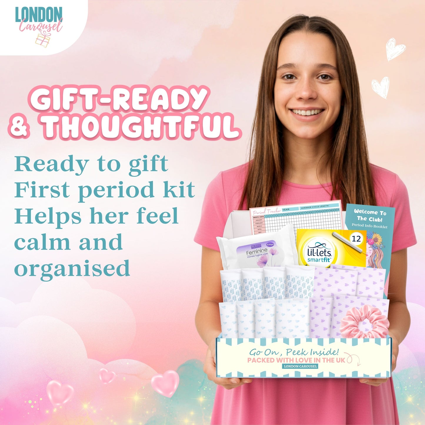 First Period Kit for Girls - Lil-Lets Teen Pads, Always Pads, Tampax Compak Tampons, Panty Liners, Wipes, Scrunchie, Info Flyer, Period Tracker